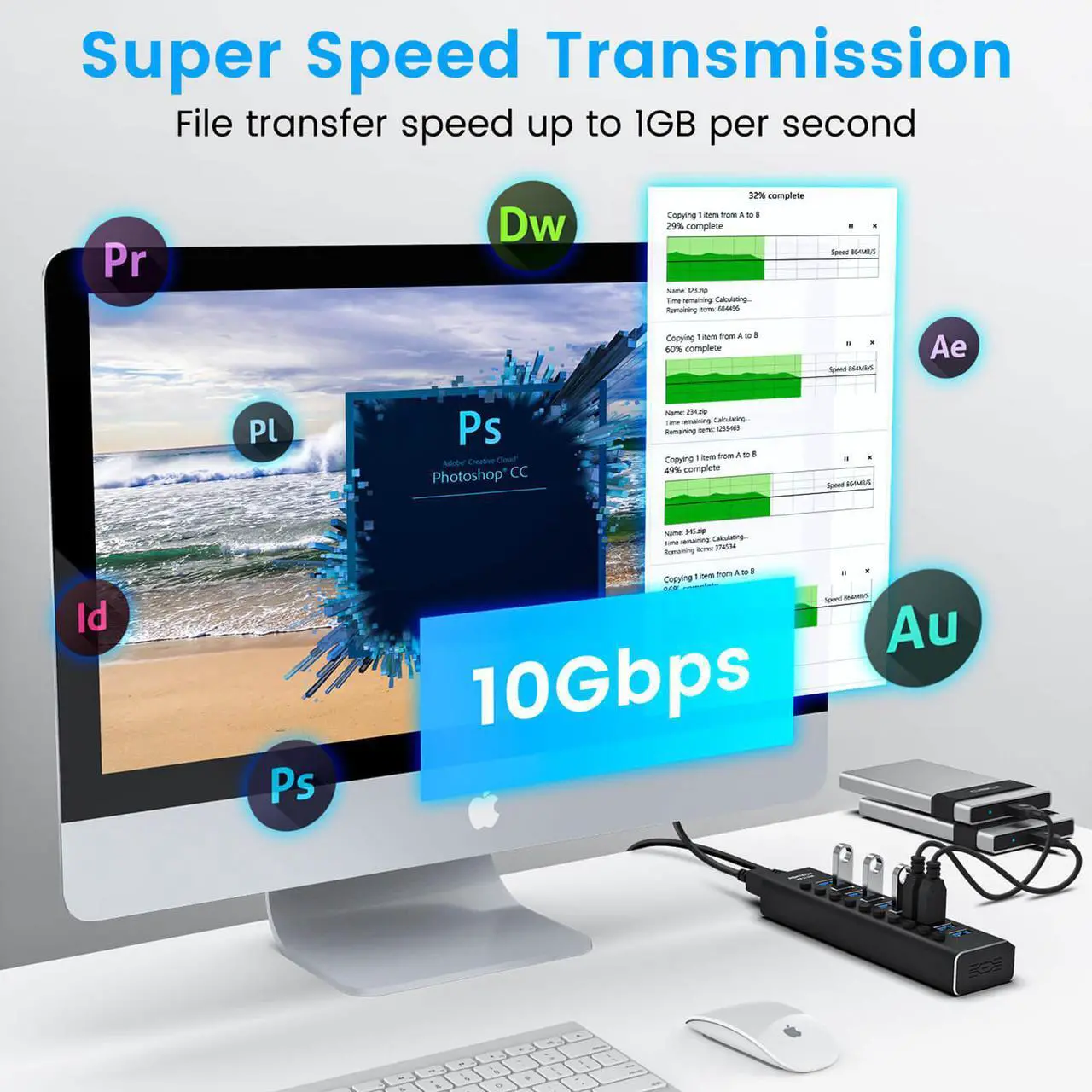 Alt view image 2 of 7 - Powered USB Hub, Rosonway 10 Port USB 3.1 Hub 10Gbps with 36W (12V/3A) Power Adapter, Type A and Type C Cables, Aluminum USB C Hub Splitter for PC and Laptop (RSH-A10S)