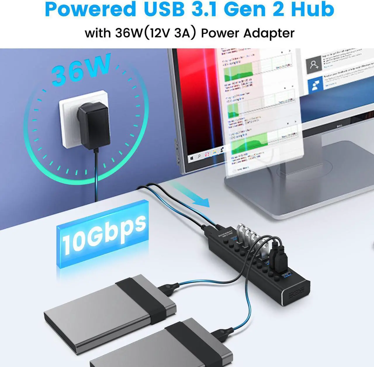Alt view image 3 of 7 - Powered USB Hub, Rosonway 10 Port USB 3.1 Hub 10Gbps with 36W (12V/3A) Power Adapter, Type A and Type C Cables, Aluminum USB C Hub Splitter for PC and Laptop (RSH-A10S)