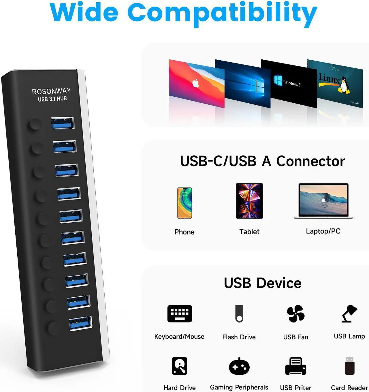 Alt view image 4 of 7 - Powered USB Hub, Rosonway 10 Port USB 3.1 Hub 10Gbps with 36W (12V/3A) Power Adapter, Type A and Type C Cables, Aluminum USB C Hub Splitter for PC and Laptop (RSH-A10S)