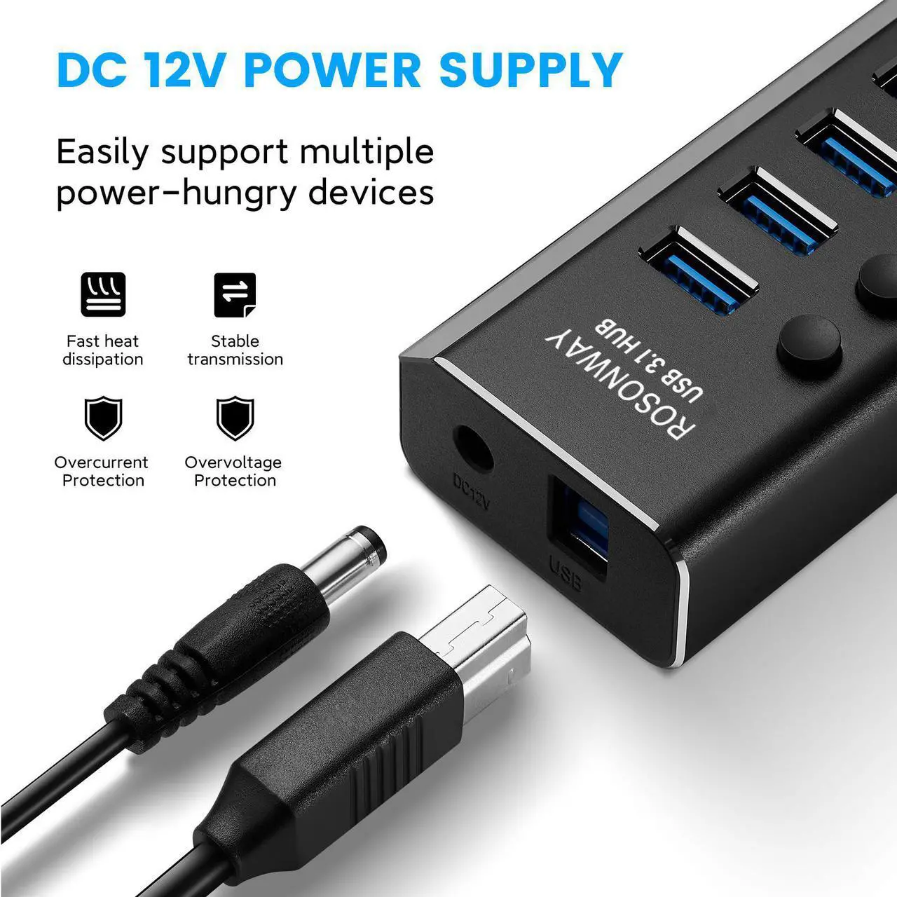 Alt view image 5 of 7 - Powered USB Hub, Rosonway 10 Port USB 3.1 Hub 10Gbps with 36W (12V/3A) Power Adapter, Type A and Type C Cables, Aluminum USB C Hub Splitter for PC and Laptop (RSH-A10S)