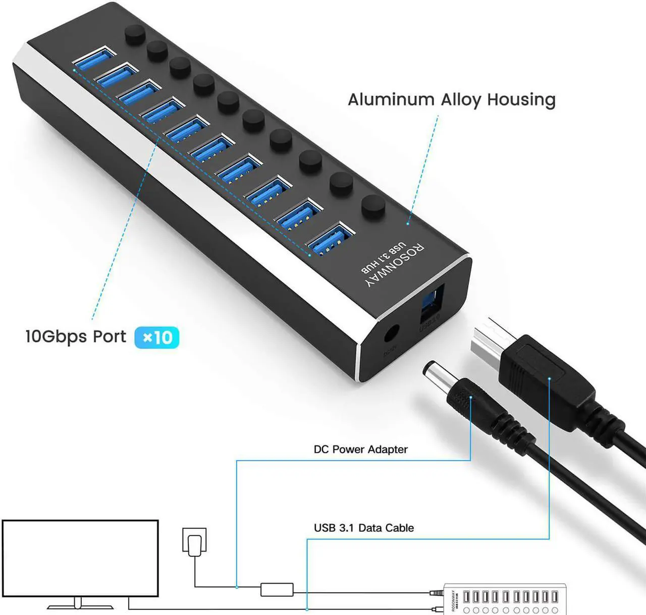 Alt view image 6 of 7 - Powered USB Hub, Rosonway 10 Port USB 3.1 Hub 10Gbps with 36W (12V/3A) Power Adapter, Type A and Type C Cables, Aluminum USB C Hub Splitter for PC and Laptop (RSH-A10S)