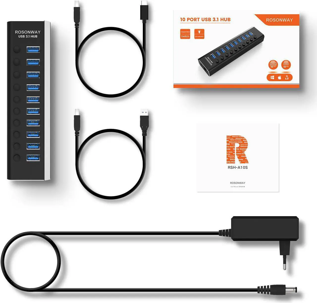 Alt view image 7 of 7 - Powered USB Hub, Rosonway 10 Port USB 3.1 Hub 10Gbps with 36W (12V/3A) Power Adapter, Type A and Type C Cables, Aluminum USB C Hub Splitter for PC and Laptop (RSH-A10S)