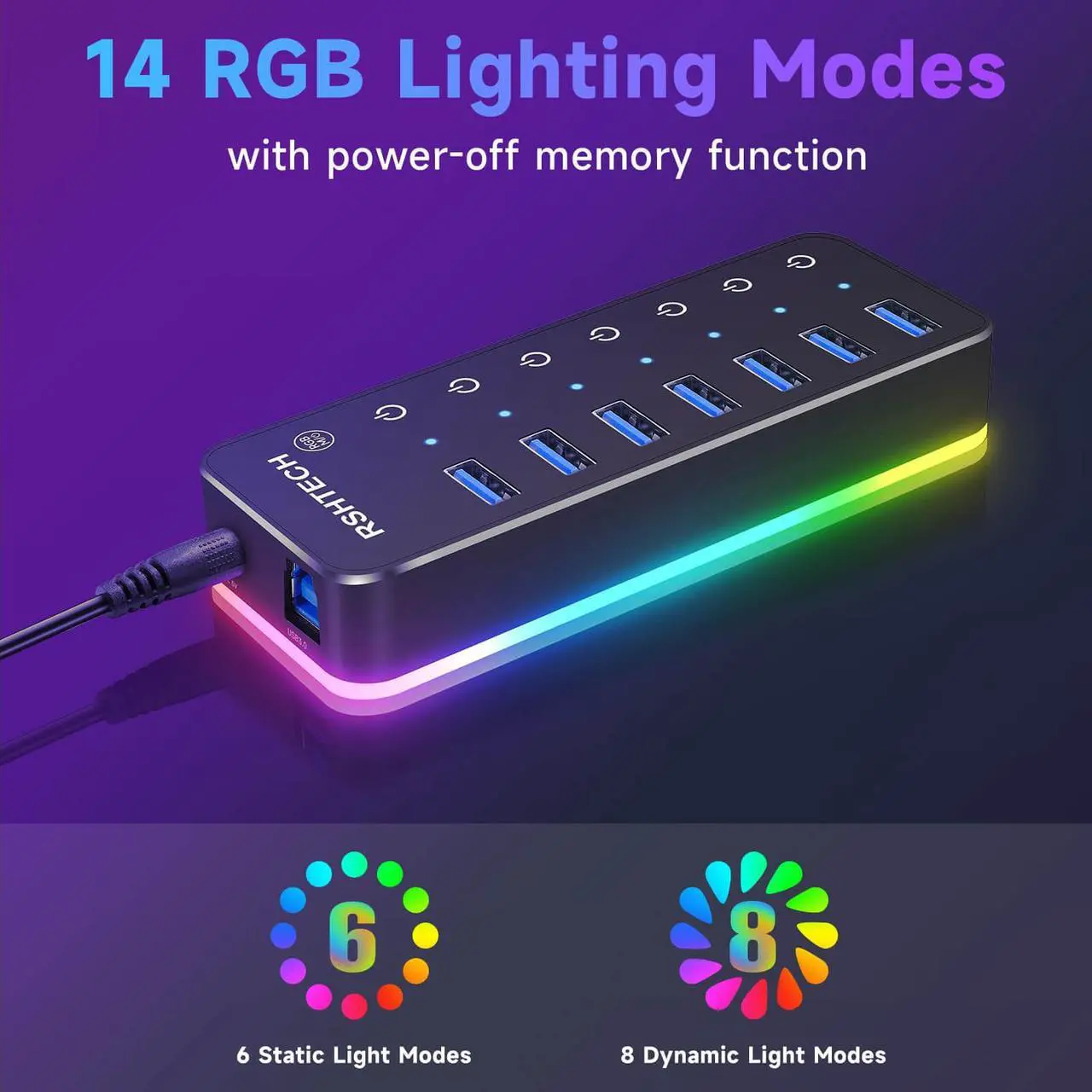 Alt view image 3 of 7 - Powered USB Hub, RSHTECH RGB 7 Ports USB 3.0/USB C Hub with 14 Mode RGB LED Strip, Individual Touch Switches, 3.3ft Data Cable and 5V/4A Power Adapter, Aluminum USB Hub for PC and Laptop, RSH-518R