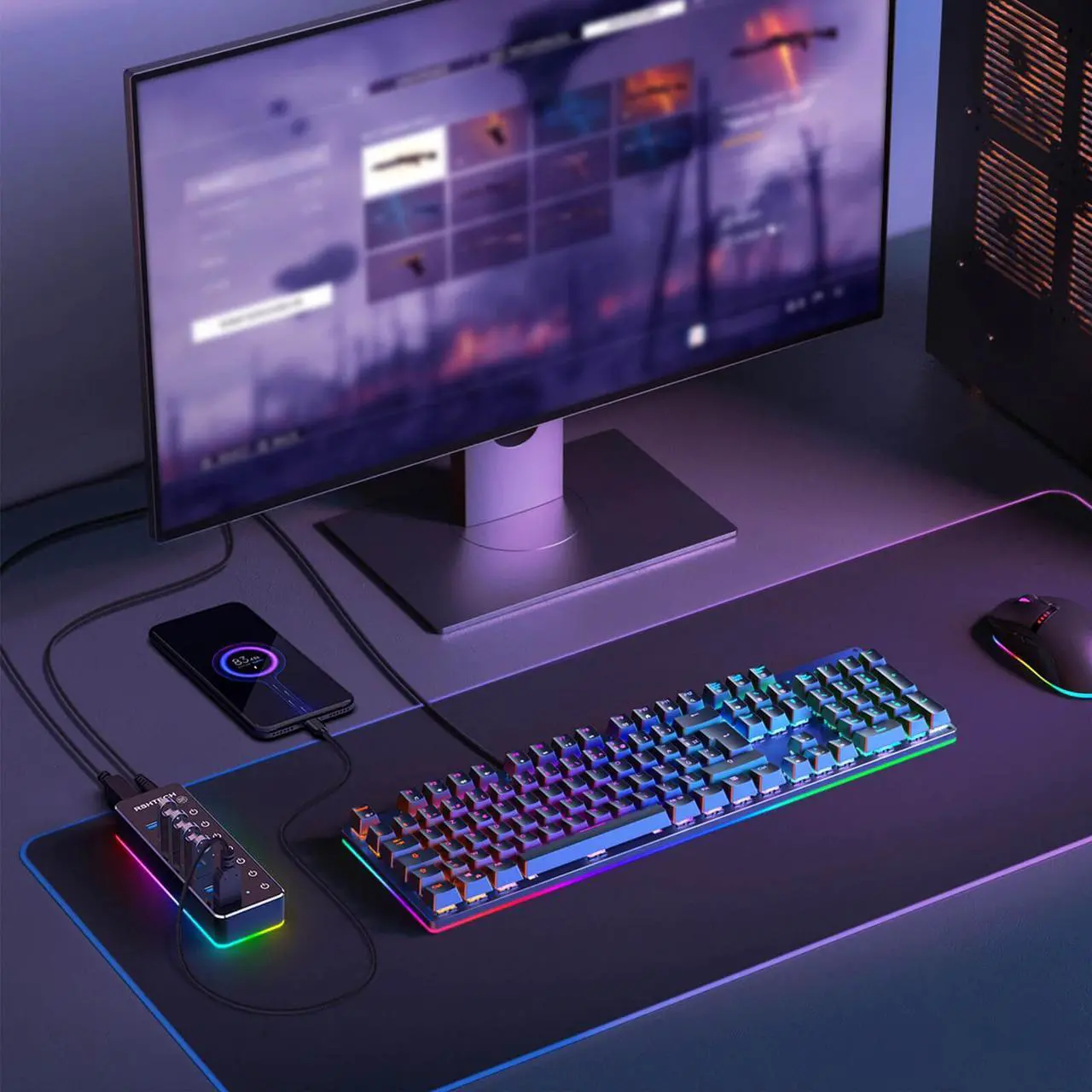 Alt view image 2 of 7 - Powered USB Hub, RSHTECH RGB 7 Ports USB 3.0/USB C Hub with 14 Mode RGB LED Strip, Individual Touch Switches, 3.3ft Data Cable and 5V/4A Power Adapter, Aluminum USB Hub for PC and Laptop, RSH-518R