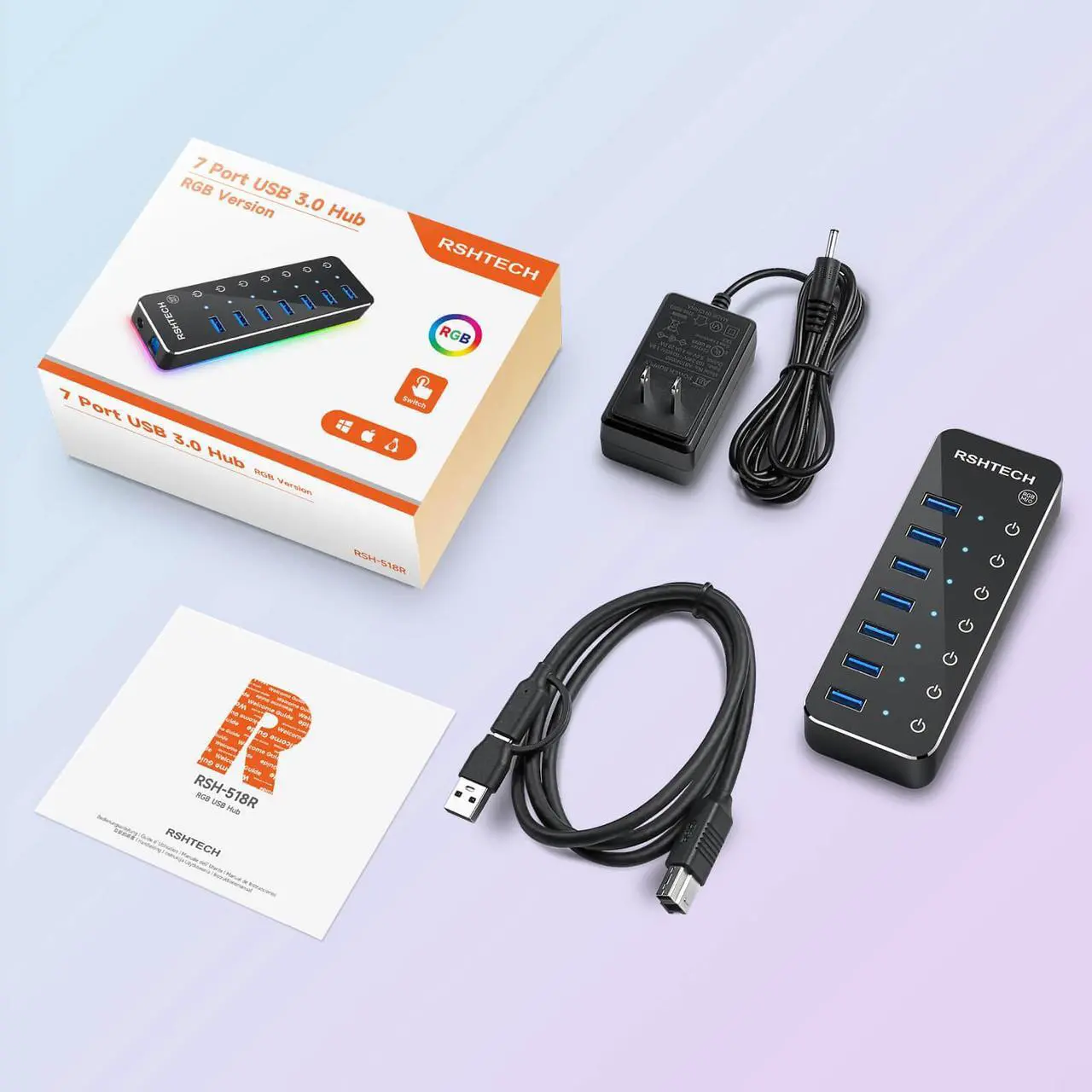 Alt view image 7 of 7 - Powered USB Hub, RSHTECH RGB 7 Ports USB 3.0/USB C Hub with 14 Mode RGB LED Strip, Individual Touch Switches, 3.3ft Data Cable and 5V/4A Power Adapter, Aluminum USB Hub for PC and Laptop, RSH-518R