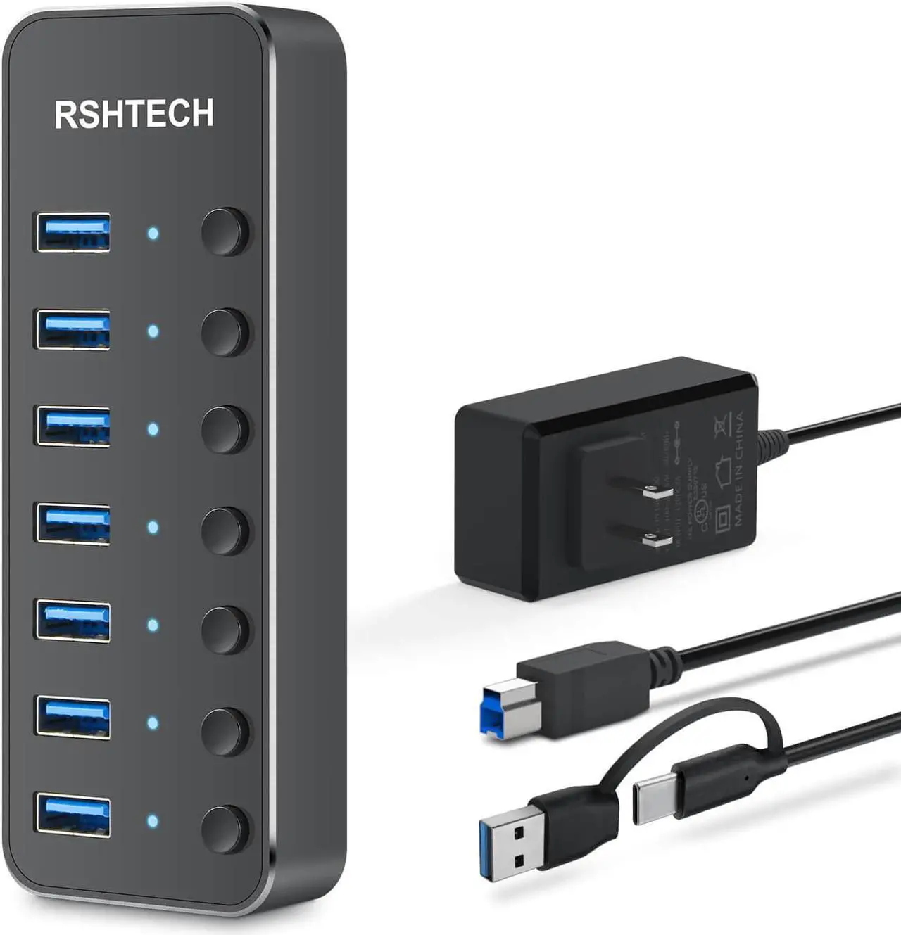 Main image of Powered UBS Hub, RSHTECH 7 Port USB 3.0/USB C Hub Upgraded Version Aluminum USB Hub with 2-in-1 USB Cable,5V 3A Power Adapter and Individual Switches, USB Port Expander Hub for Laptop and PC, RSH-ST07