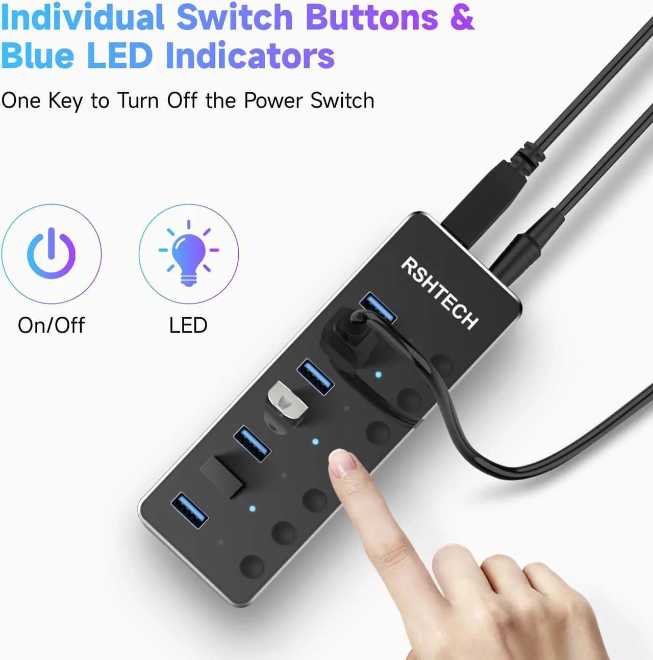 Alt view image 7 of 7 - Powered UBS Hub, RSHTECH 7 Port USB 3.0/USB C Hub Upgraded Version Aluminum USB Hub with 2-in-1 USB Cable,5V 3A Power Adapter and Individual Switches, USB Port Expander Hub for Laptop and PC, RSH-ST07