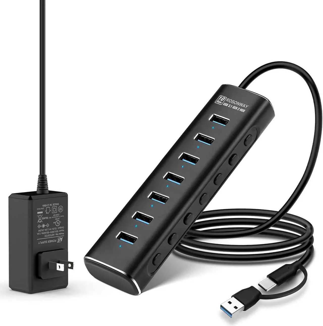 Main image of Powered USB Hub, Rosonway 7 Ports USB 3.2 Gen 2/USB C Hub 10Gbps with 3.3ft USB-A/USB-C Data Cable, Individual Switches and 24W Power Adapter, Aluminum USB Hub for Laptop and PC, RSH-A107