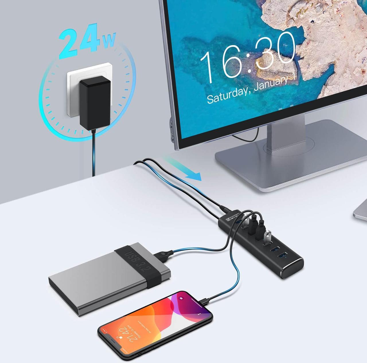 Alt view image 3 of 7 - Powered USB Hub, Rosonway 7 Ports USB 3.2 Gen 2/USB C Hub 10Gbps with 3.3ft USB-A/USB-C Data Cable, Individual Switches and 24W Power Adapter, Aluminum USB Hub for Laptop and PC, RSH-A107