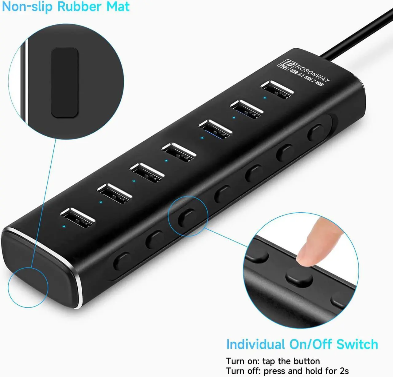 Alt view image 7 of 7 - Powered USB Hub, Rosonway 7 Ports USB 3.2 Gen 2/USB C Hub 10Gbps with 3.3ft USB-A/USB-C Data Cable, Individual Switches and 24W Power Adapter, Aluminum USB Hub for Laptop and PC, RSH-A107