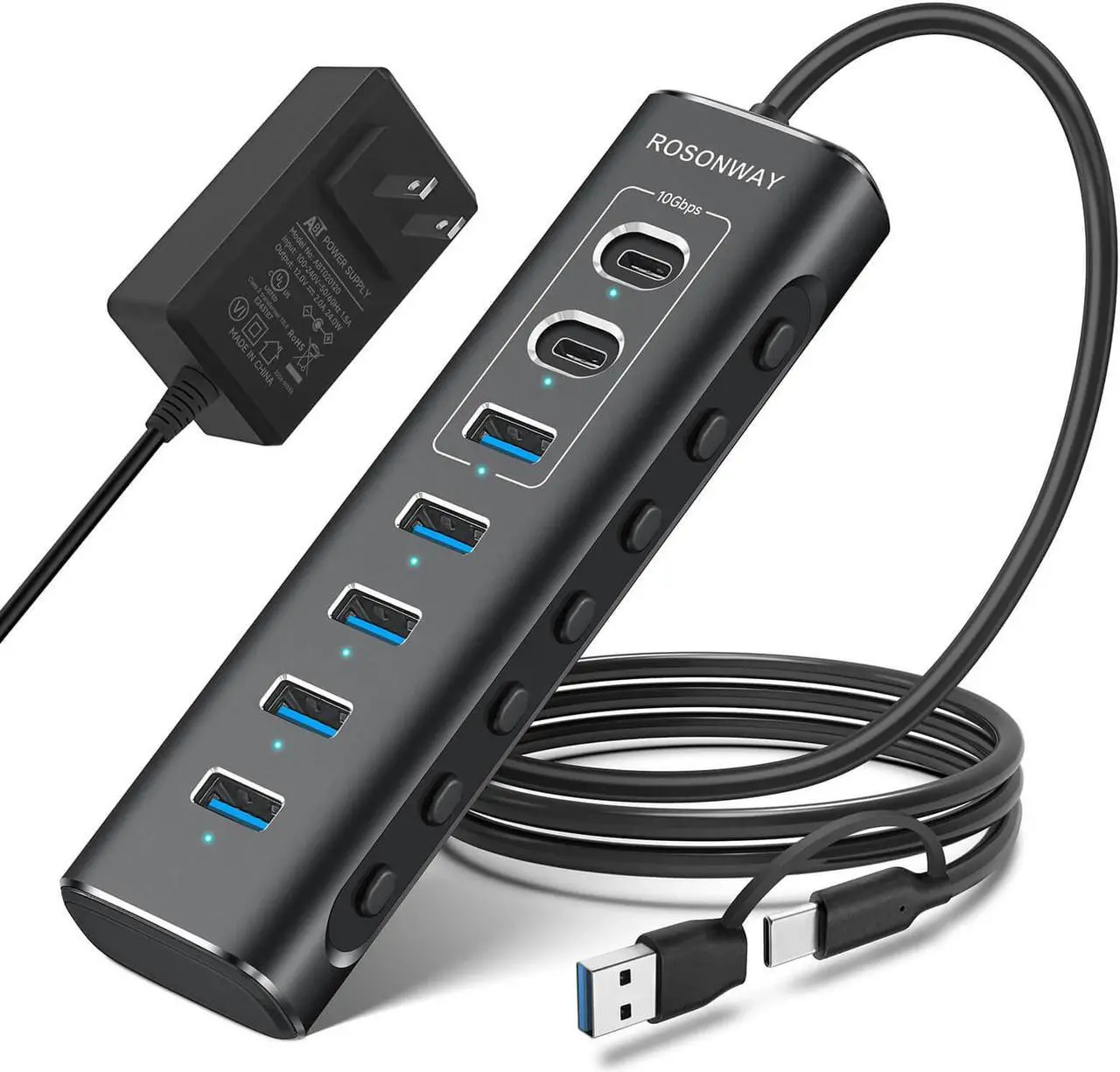 Main image of Powered USB Hub, Rosonway 7-Port USB 3.2/USB C Hub with 10Gbps USB-A 3.2, 2 USB-C 3.2, 4 USB 3.0 Ports, Individual Switches and 12V Power Adapter, Aluminum USB Port Expander for Laptop/PC, RSH-A107C
