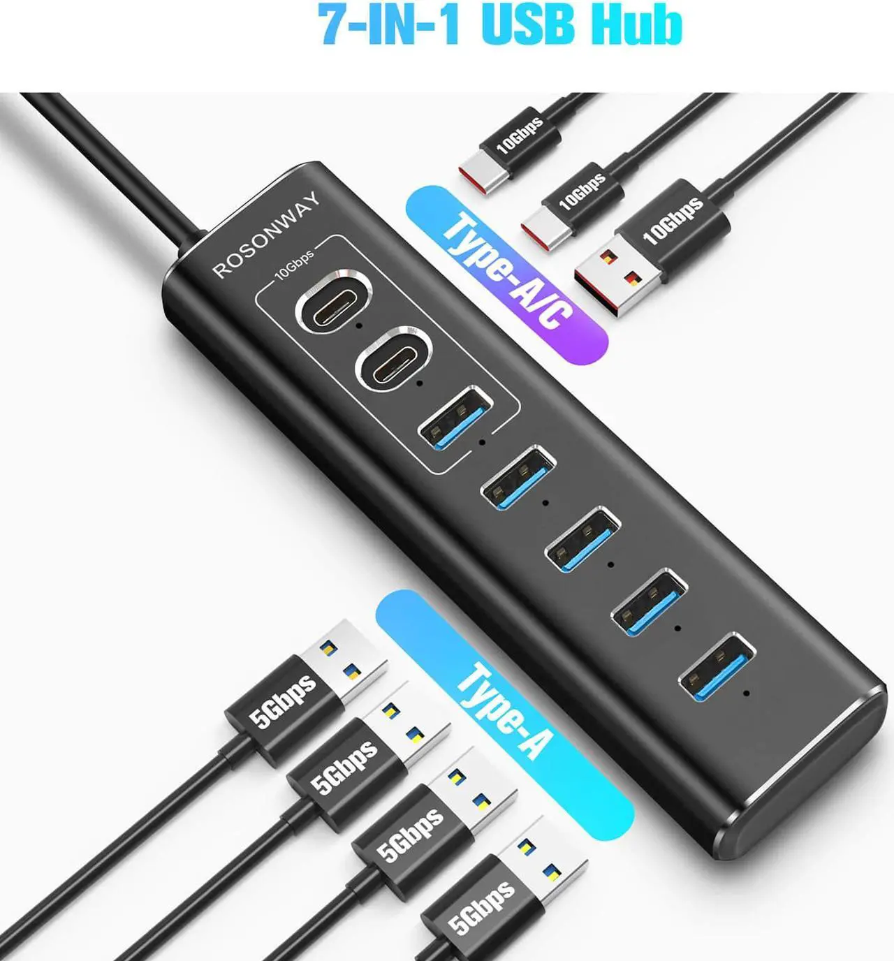 Alt view image 5 of 7 - Powered USB Hub, Rosonway 7-Port USB 3.2/USB C Hub with 10Gbps USB-A 3.2, 2 USB-C 3.2, 4 USB 3.0 Ports, Individual Switches and 12V Power Adapter, Aluminum USB Port Expander for Laptop/PC, RSH-A107C