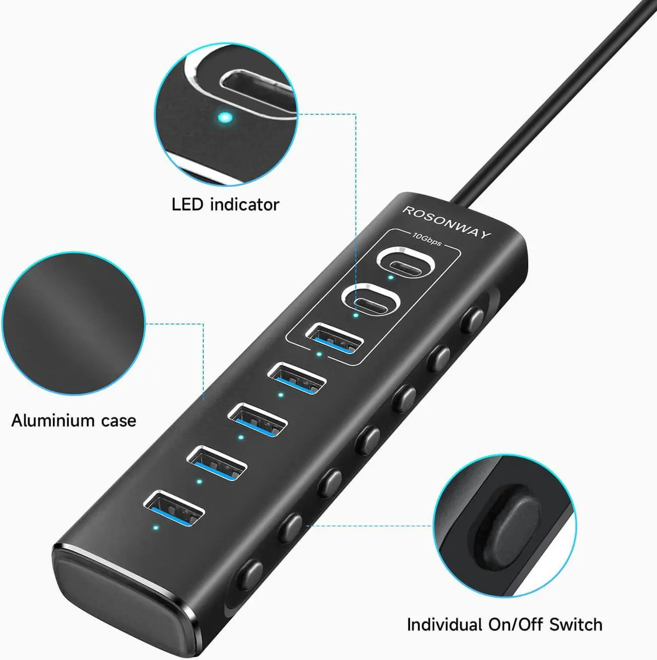 Alt view image 7 of 7 - Powered USB Hub, Rosonway 7-Port USB 3.2/USB C Hub with 10Gbps USB-A 3.2, 2 USB-C 3.2, 4 USB 3.0 Ports, Individual Switches and 12V Power Adapter, Aluminum USB Port Expander for Laptop/PC, RSH-A107C
