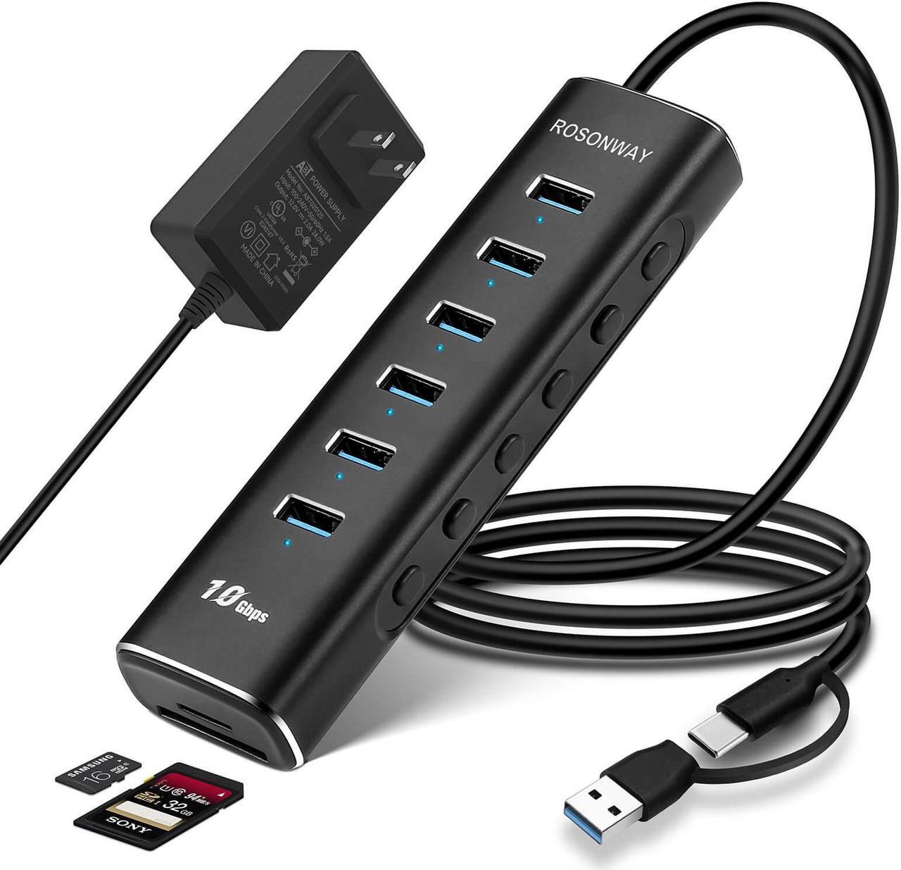 Main image of Powered USB Hub, Rosonway 8-Port USB 3.2/USB C Hub with 6 USB 3.2 Ports 10Gbps, SD/TF Card Readers, 3.3ft Long Cable and 12V/2A Power Adapter, Aluminum USB Port Expander for Laptop and PC, RSH-A107D