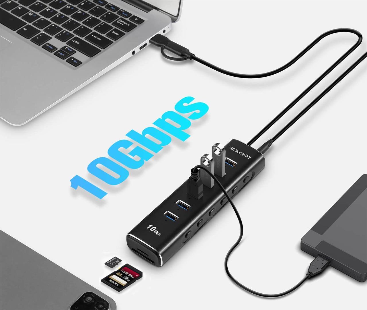 Alt view image 2 of 7 - Powered USB Hub, Rosonway 8-Port USB 3.2/USB C Hub with 6 USB 3.2 Ports 10Gbps, SD/TF Card Readers, 3.3ft Long Cable and 12V/2A Power Adapter, Aluminum USB Port Expander for Laptop and PC, RSH-A107D