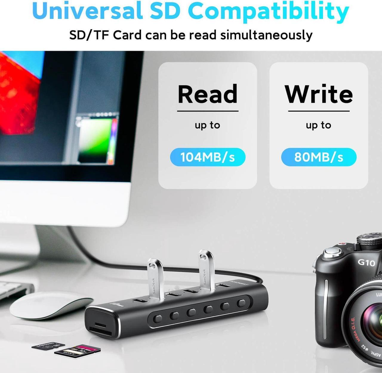 Alt view image 3 of 7 - Powered USB Hub, Rosonway 8-Port USB 3.2/USB C Hub with 6 USB 3.2 Ports 10Gbps, SD/TF Card Readers, 3.3ft Long Cable and 12V/2A Power Adapter, Aluminum USB Port Expander for Laptop and PC, RSH-A107D