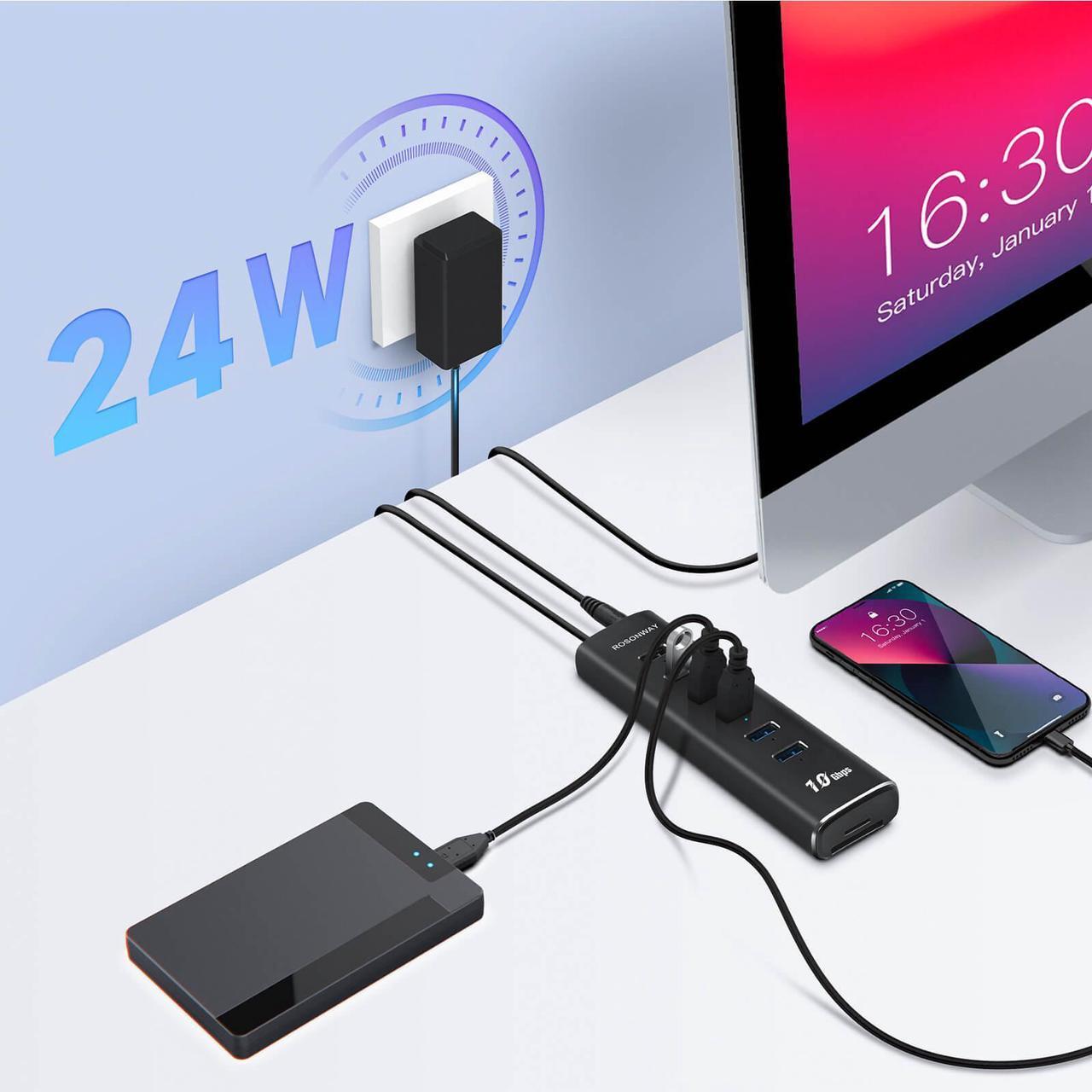 Alt view image 4 of 7 - Powered USB Hub, Rosonway 8-Port USB 3.2/USB C Hub with 6 USB 3.2 Ports 10Gbps, SD/TF Card Readers, 3.3ft Long Cable and 12V/2A Power Adapter, Aluminum USB Port Expander for Laptop and PC, RSH-A107D