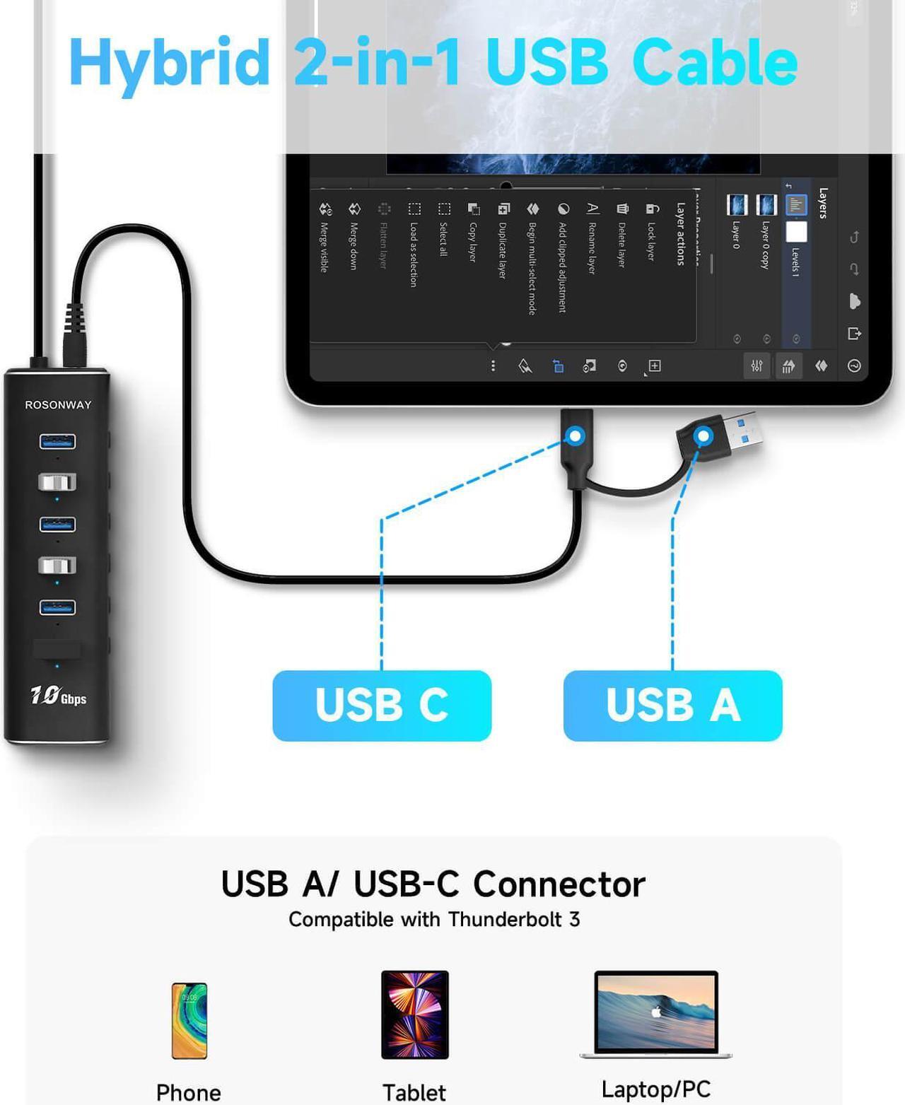 Alt view image 5 of 7 - Powered USB Hub, Rosonway 8-Port USB 3.2/USB C Hub with 6 USB 3.2 Ports 10Gbps, SD/TF Card Readers, 3.3ft Long Cable and 12V/2A Power Adapter, Aluminum USB Port Expander for Laptop and PC, RSH-A107D