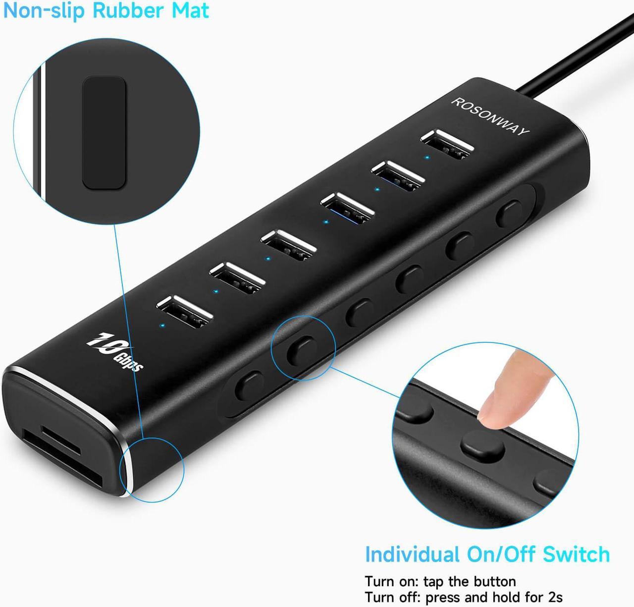 Alt view image 7 of 7 - Powered USB Hub, Rosonway 8-Port USB 3.2/USB C Hub with 6 USB 3.2 Ports 10Gbps, SD/TF Card Readers, 3.3ft Long Cable and 12V/2A Power Adapter, Aluminum USB Port Expander for Laptop and PC, RSH-A107D