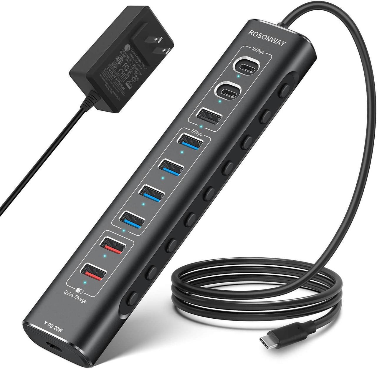 Main image of Rosonway 10-Port Powered USB 3.2/USB C Hub 60W with 10Gbps USB-A 3.2, 2 USB-C 3.2, 4 USB 3.0 Data Ports, 1 USB-C PD and 2 USB-A Fast Charging Ports, Aluminum USB Splitter for Laptop/PC, RSH-A10QPD
