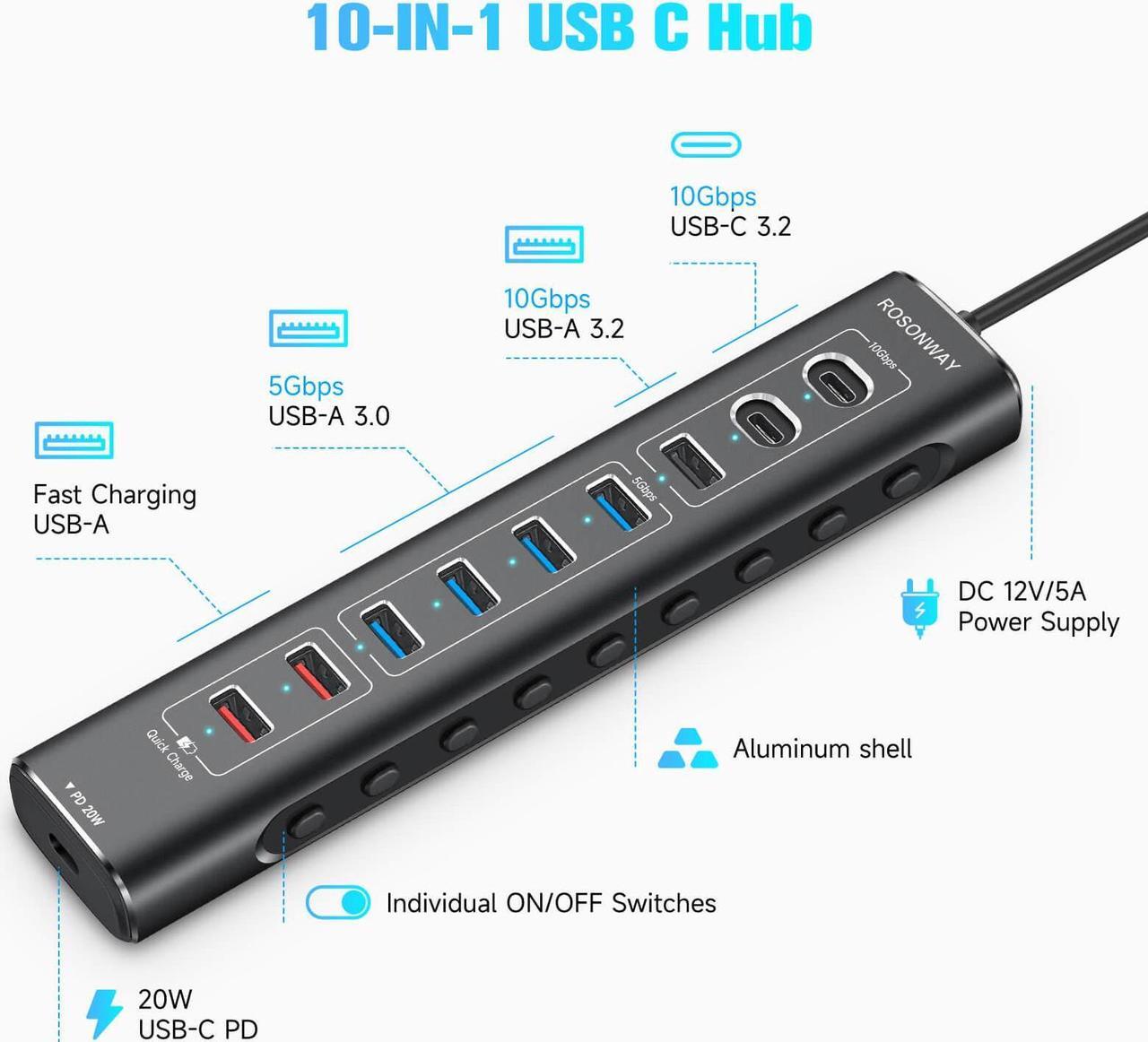 Alt view image 2 of 7 - Rosonway 10-Port Powered USB 3.2/USB C Hub 60W with 10Gbps USB-A 3.2, 2 USB-C 3.2, 4 USB 3.0 Data Ports, 1 USB-C PD and 2 USB-A Fast Charging Ports, Aluminum USB Splitter for Laptop/PC, RSH-A10QPD