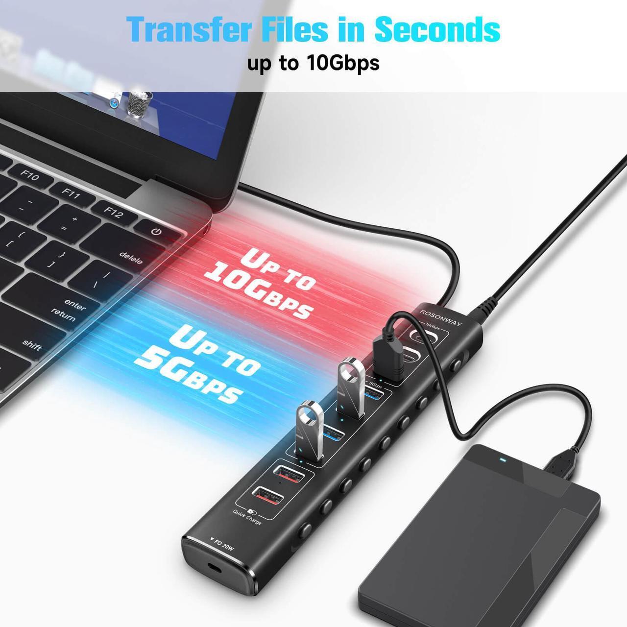 Alt view image 3 of 7 - Rosonway 10-Port Powered USB 3.2/USB C Hub 60W with 10Gbps USB-A 3.2, 2 USB-C 3.2, 4 USB 3.0 Data Ports, 1 USB-C PD and 2 USB-A Fast Charging Ports, Aluminum USB Splitter for Laptop/PC, RSH-A10QPD