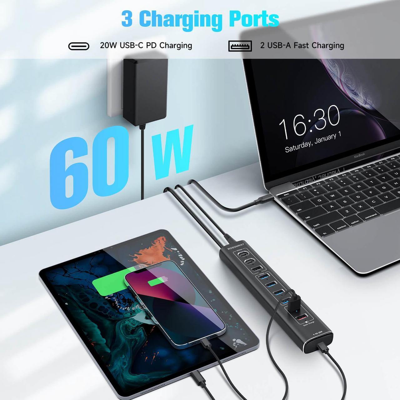 Alt view image 4 of 7 - Rosonway 10-Port Powered USB 3.2/USB C Hub 60W with 10Gbps USB-A 3.2, 2 USB-C 3.2, 4 USB 3.0 Data Ports, 1 USB-C PD and 2 USB-A Fast Charging Ports, Aluminum USB Splitter for Laptop/PC, RSH-A10QPD