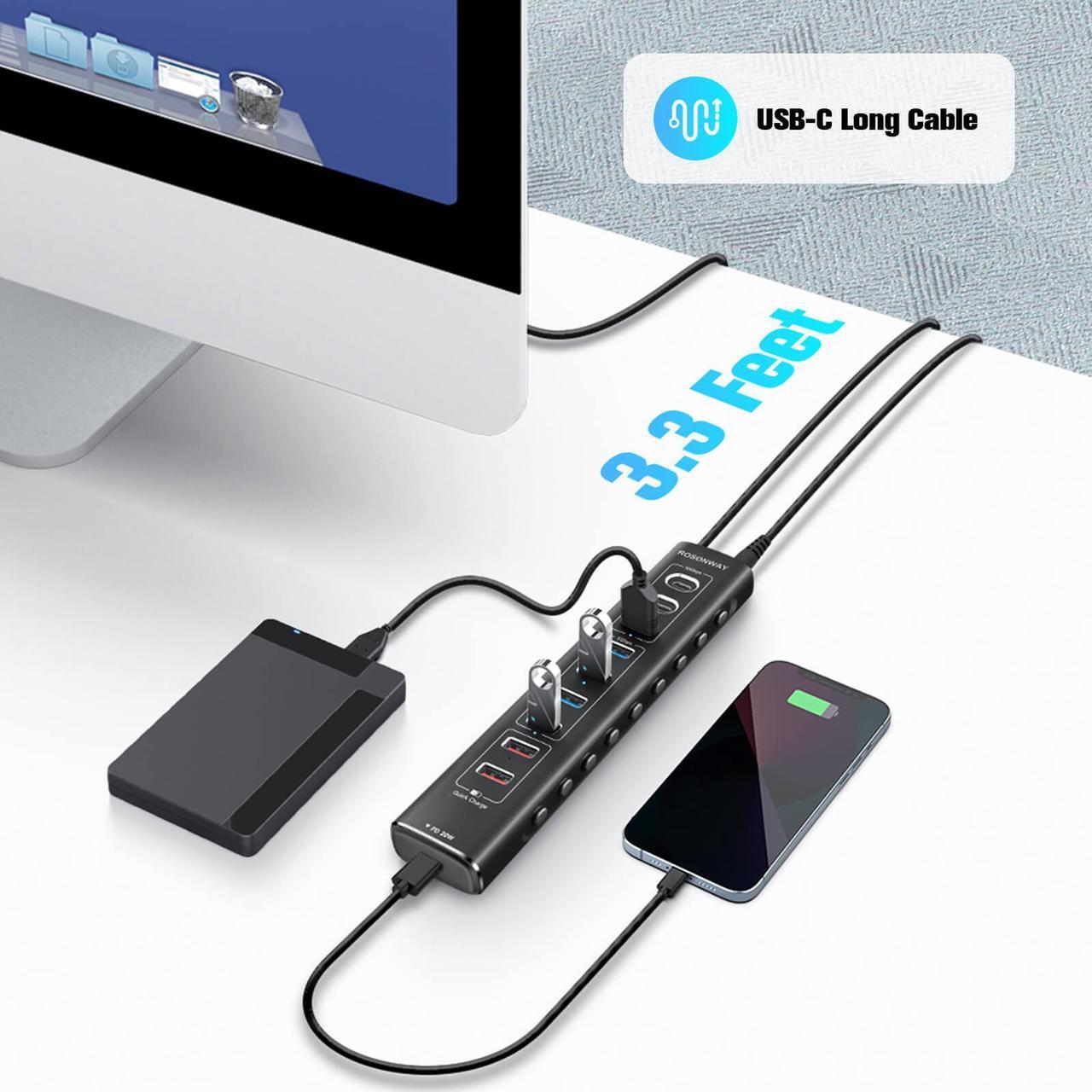 Alt view image 5 of 7 - Rosonway 10-Port Powered USB 3.2/USB C Hub 60W with 10Gbps USB-A 3.2, 2 USB-C 3.2, 4 USB 3.0 Data Ports, 1 USB-C PD and 2 USB-A Fast Charging Ports, Aluminum USB Splitter for Laptop/PC, RSH-A10QPD