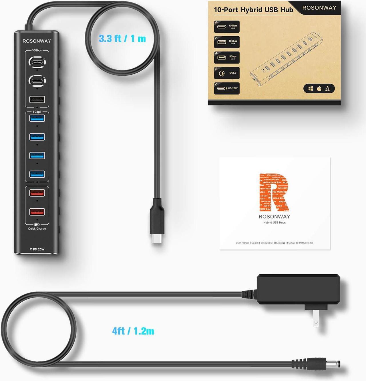 Alt view image 7 of 7 - Rosonway 10-Port Powered USB 3.2/USB C Hub 60W with 10Gbps USB-A 3.2, 2 USB-C 3.2, 4 USB 3.0 Data Ports, 1 USB-C PD and 2 USB-A Fast Charging Ports, Aluminum USB Splitter for Laptop/PC, RSH-A10QPD