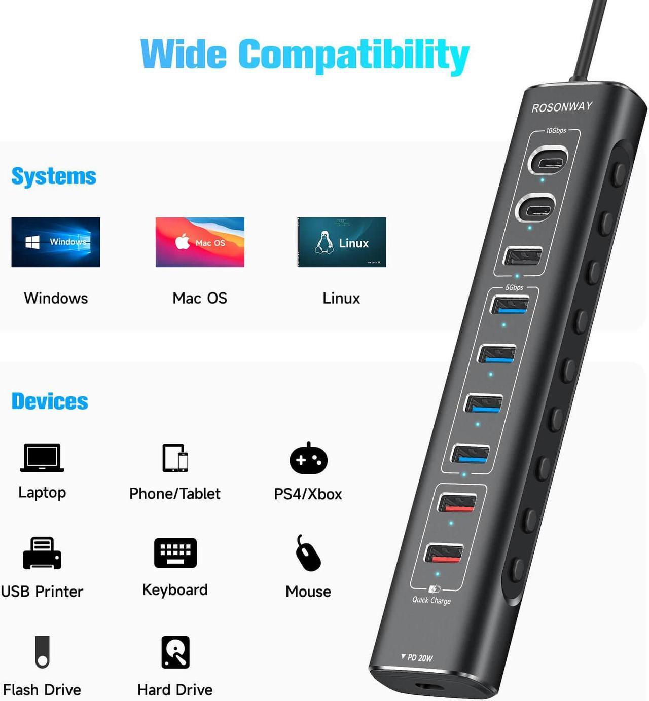 Alt view image 6 of 7 - Rosonway 10-Port Powered USB 3.2/USB C Hub 60W with 10Gbps USB-A 3.2, 2 USB-C 3.2, 4 USB 3.0 Data Ports, 1 USB-C PD and 2 USB-A Fast Charging Ports, Aluminum USB Splitter for Laptop/PC, RSH-A10QPD