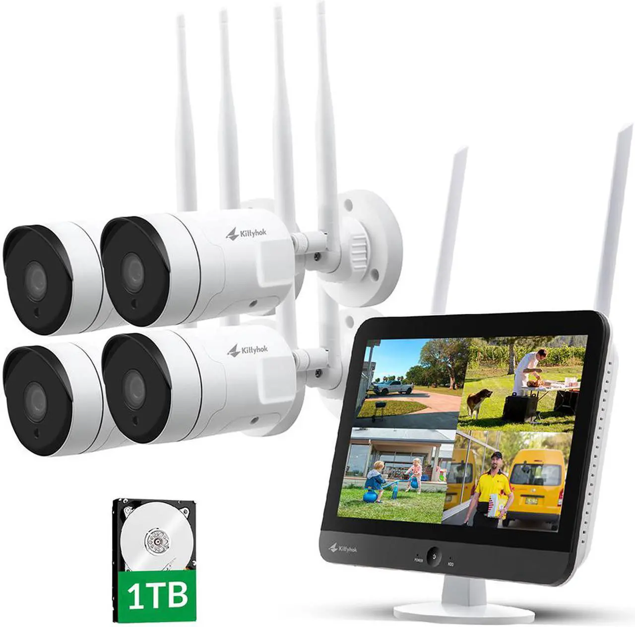 Alt view image 7 of 7 - Kittyhok Outdoor Security Camera Wireless Security Camera System with 12 Inch LCD Monitor WiFi Surveillance Cameras 1TB HDD, 8 Channel NVR 4Pcs 3MP Weatherproof, 2 Way Audio/Remote View