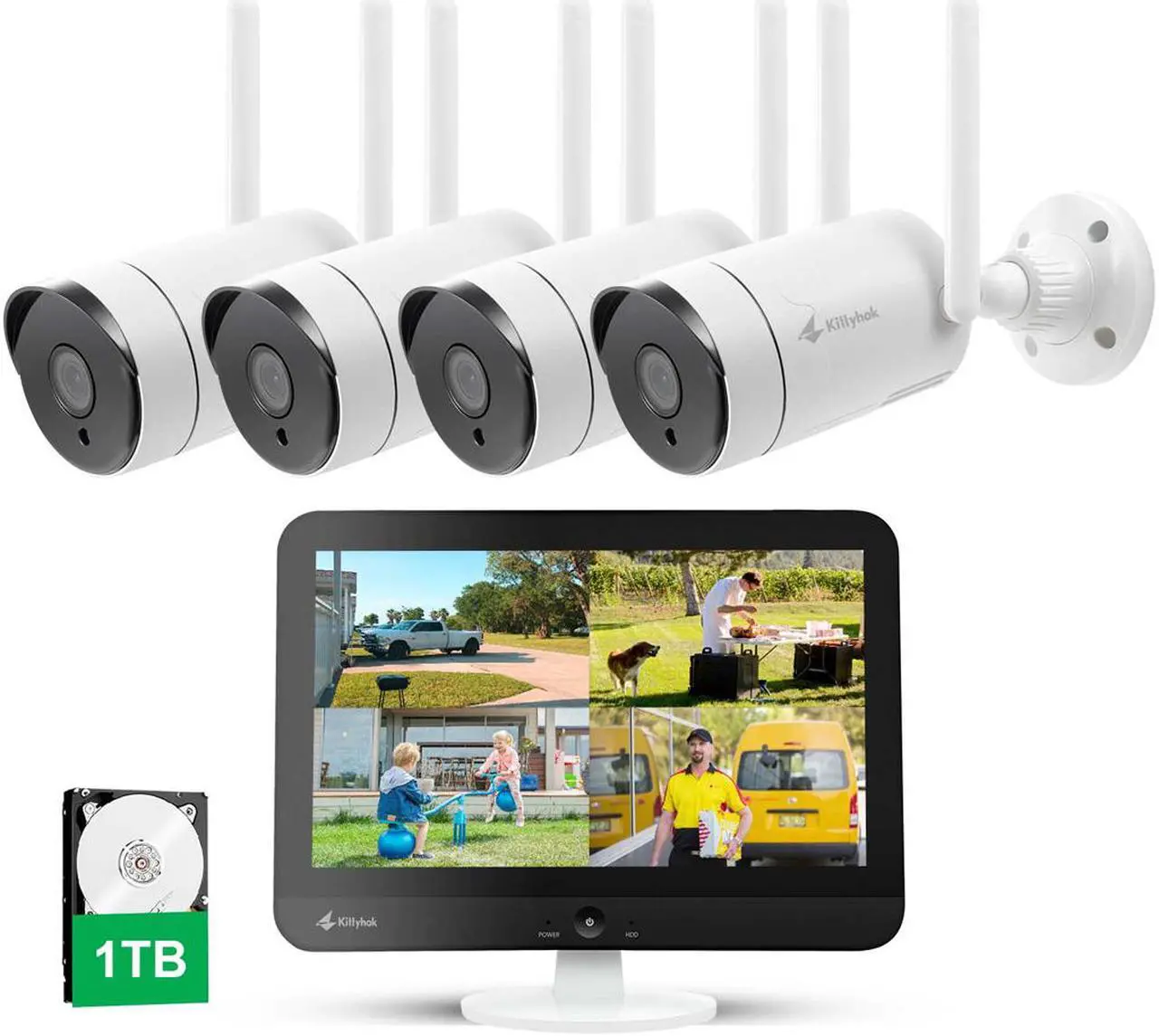 Main image of Kittyhok Outdoor Security Camera Wireless Security Camera System with 12 Inch LCD Monitor WiFi Surveillance Cameras 1TB HDD, 8 Channel NVR 4Pcs 3MP Weatherproof, 2 Way Audio/Remote View