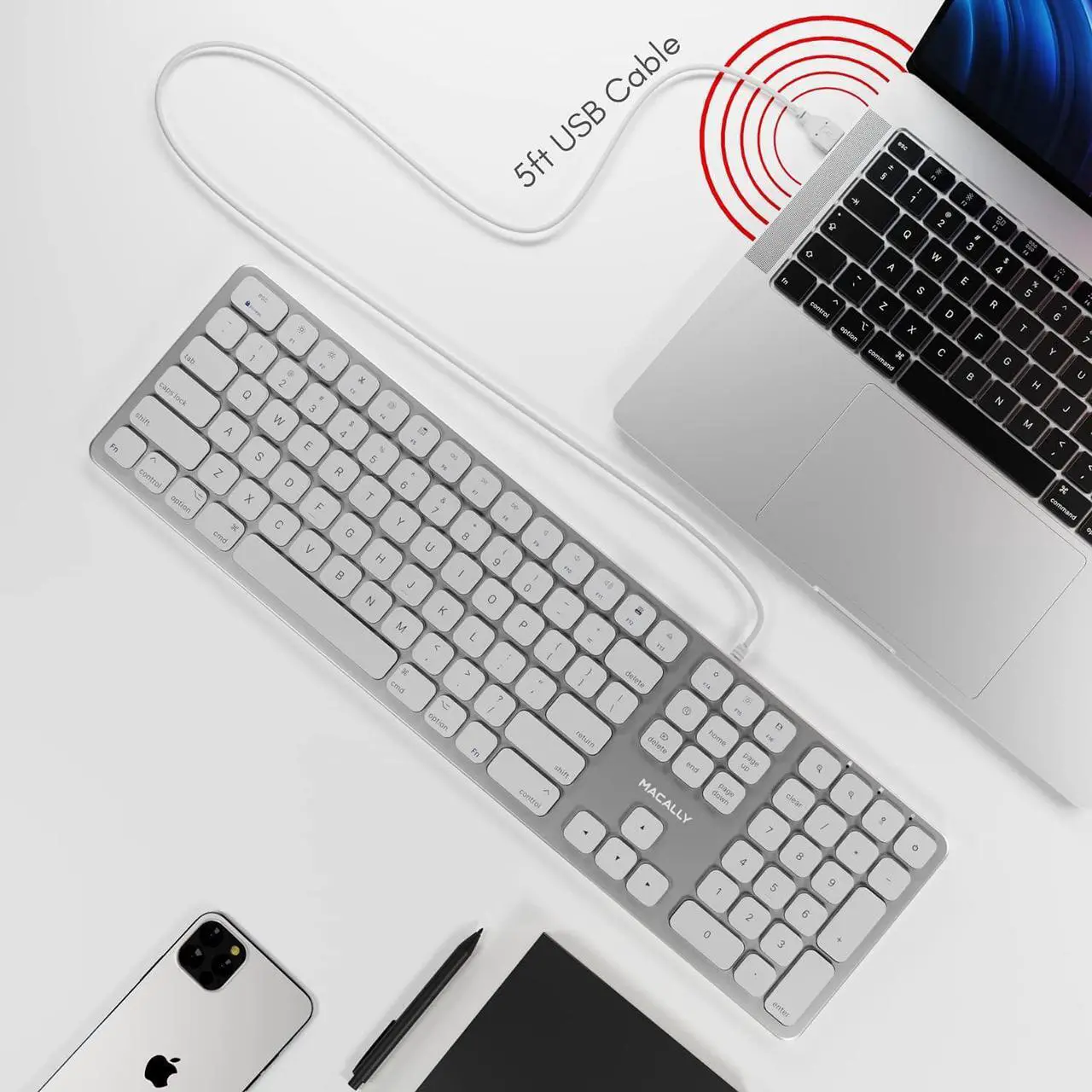 Alt view image 12 of 14 - Macally Mac Keyboard Full-Size & Number Keypad (Metal Frame) 2 USB Ports Hub & Wired USB Cable - Apple Computer Keyboards for Mac, Pro, MacBook, Pro, Air Laptops (Silver Aluminum) MLUXKEYA