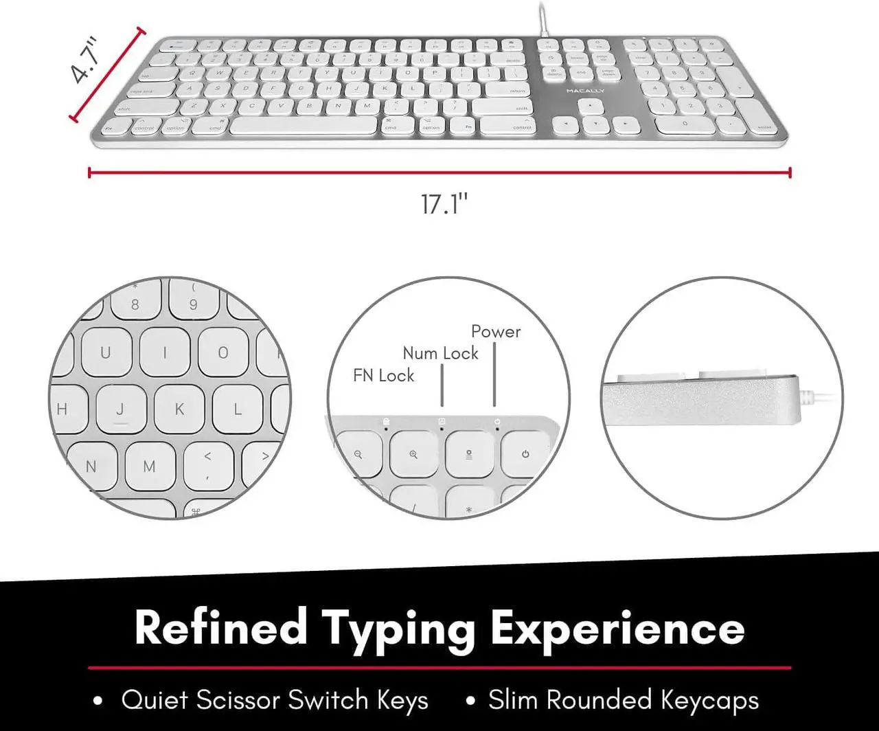 Alt view image 14 of 14 - Macally Mac Keyboard Full-Size & Number Keypad (Metal Frame) 2 USB Ports Hub & Wired USB Cable - Apple Computer Keyboards for Mac, Pro, MacBook, Pro, Air Laptops (Silver Aluminum) MLUXKEYA
