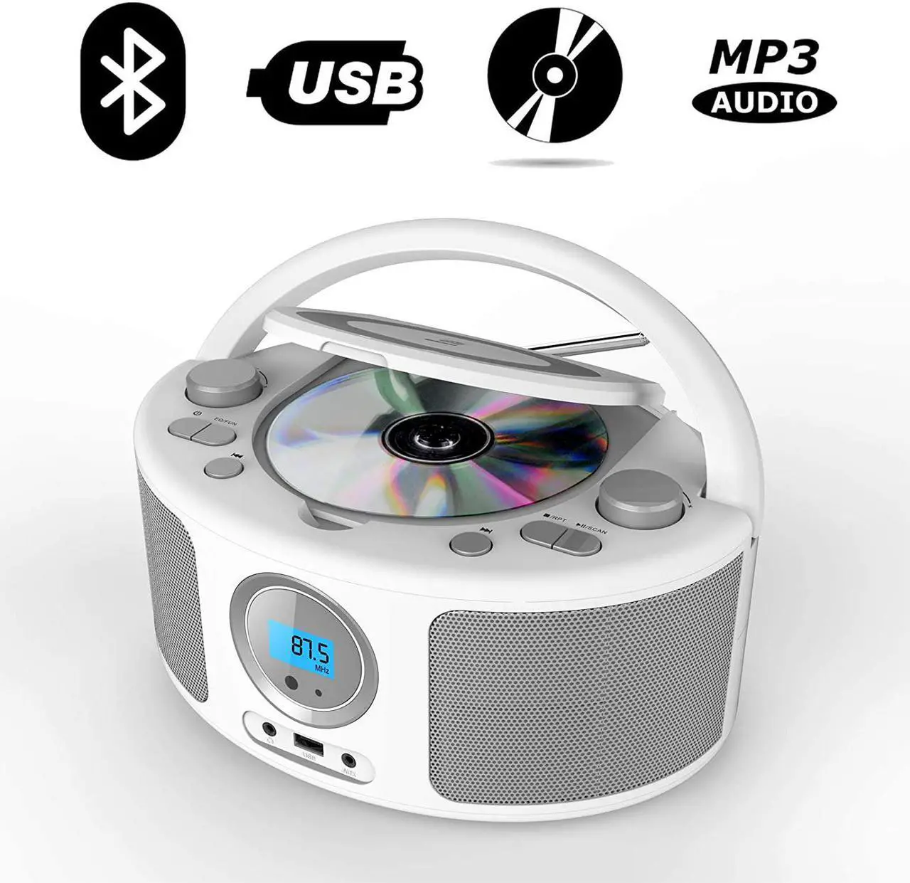 Alt view image 3 of 7 - CD Radio Portable CD Player Boombox with Bluetooth,FM Radio,Remote Control,USB Input and 3.5mm AUX Headphone Jack,CD-R/CD-RW/MP3/WMA Playback,AC/Battery Powered(WTB-791)