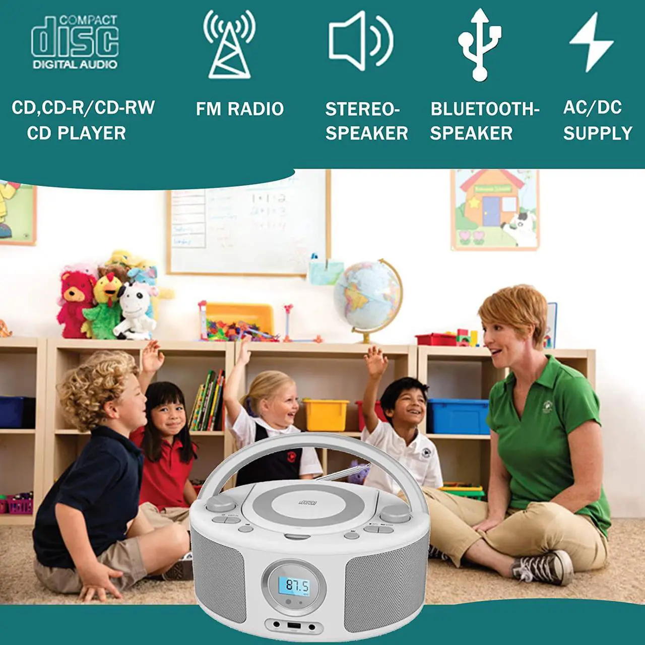 Alt view image 6 of 7 - CD Radio Portable CD Player Boombox with Bluetooth,FM Radio,Remote Control,USB Input and 3.5mm AUX Headphone Jack,CD-R/CD-RW/MP3/WMA Playback,AC/Battery Powered(WTB-791)