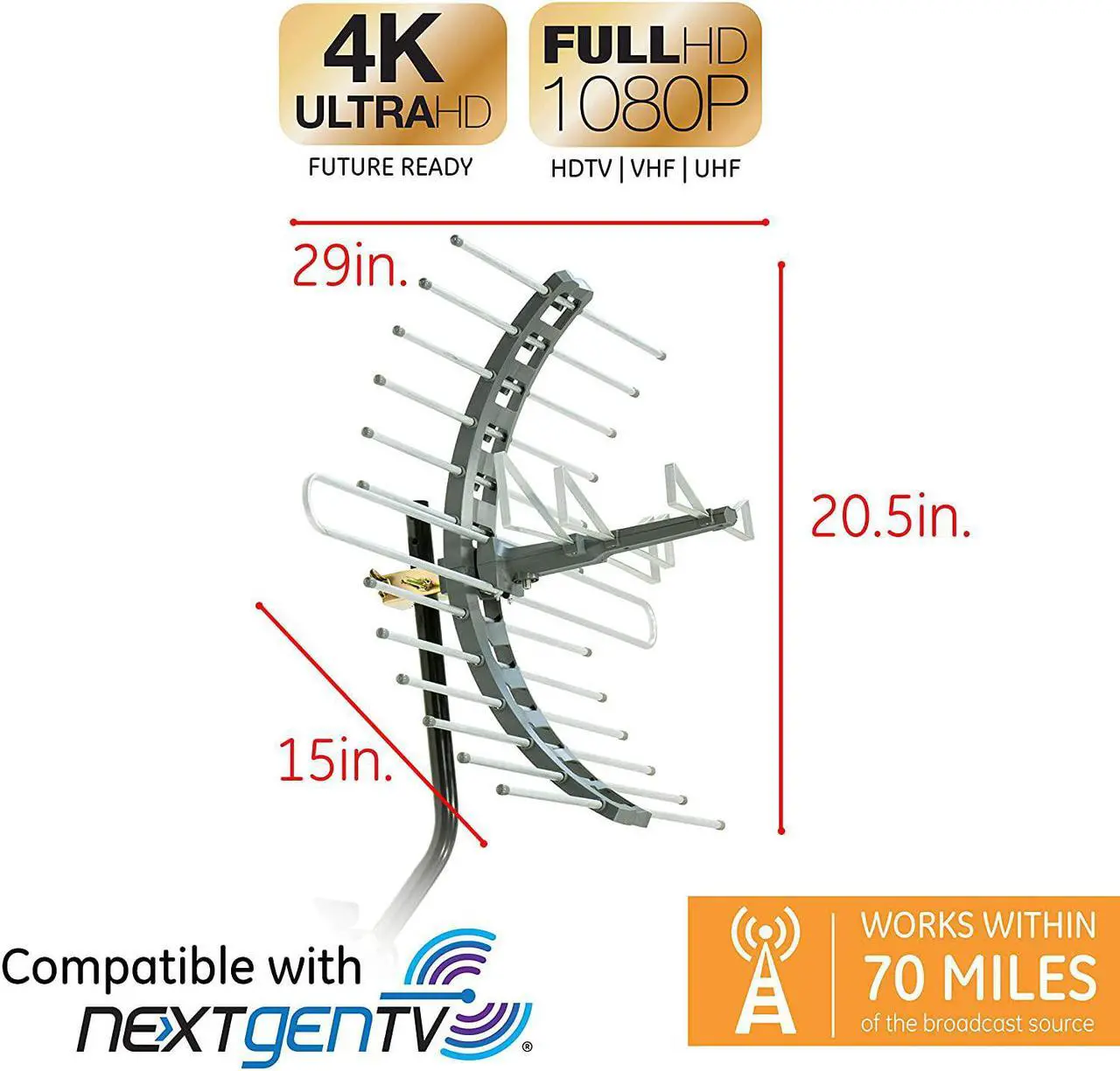 Alt view image 2 of 7 - GE Outdoor HD Digital TV Antenna, Long Range Smart TV Antenna, Supports 4K 1080P HD Smart TV VHF UHF, J Mount Included for Attic or Outdoor, Weather Resistant, 29884, Welcome to consult