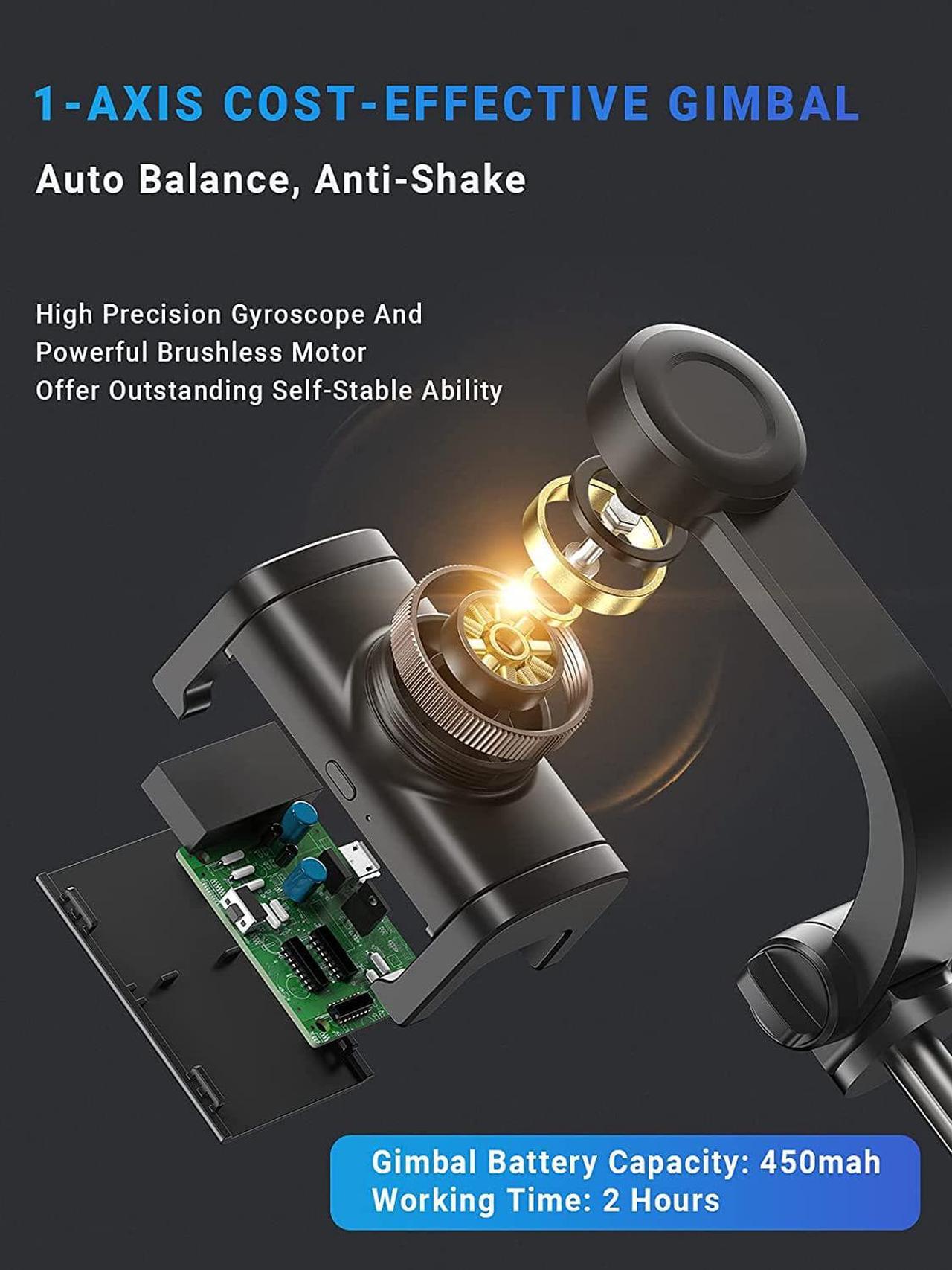Alt view image 2 of 7 - Gimbal Stabilizer For Smartphone, APEXEL 360° Rotation Auto Balance Small Portable Handhold Selfie Stick Tripod With Wireless Remote, 1-Axis Lightweight Extendable Stabilizer Gimble Iphone Phone Gopro