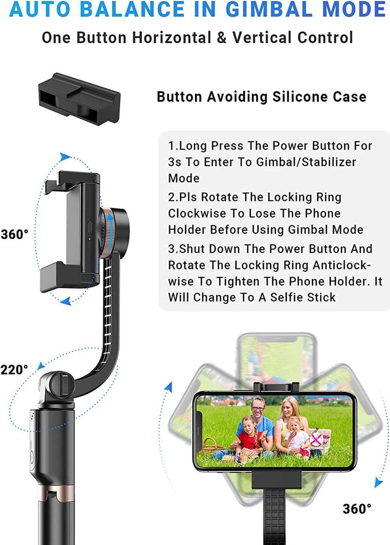 Alt view image 4 of 7 - Gimbal Stabilizer For Smartphone, APEXEL 360° Rotation Auto Balance Small Portable Handhold Selfie Stick Tripod With Wireless Remote, 1-Axis Lightweight Extendable Stabilizer Gimble Iphone Phone Gopro