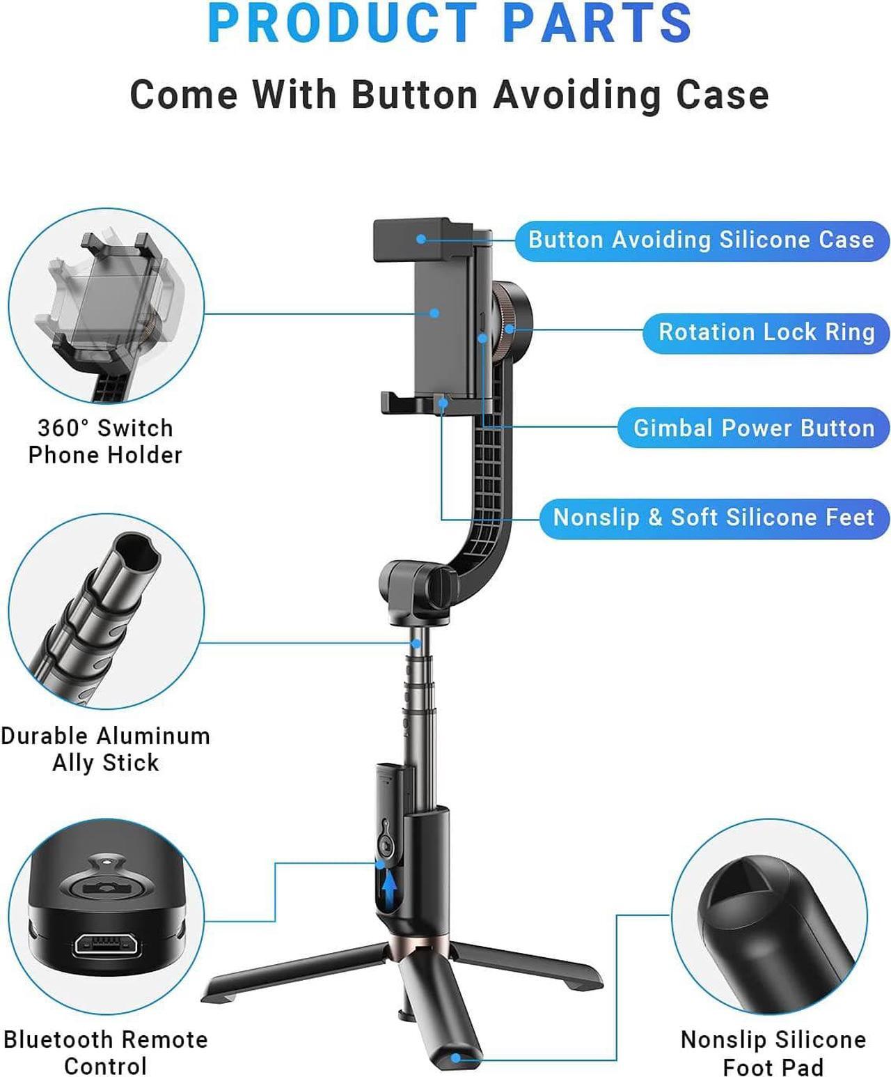 Alt view image 6 of 7 - Gimbal Stabilizer For Smartphone, APEXEL 360° Rotation Auto Balance Small Portable Handhold Selfie Stick Tripod With Wireless Remote, 1-Axis Lightweight Extendable Stabilizer Gimble Iphone Phone Gopro