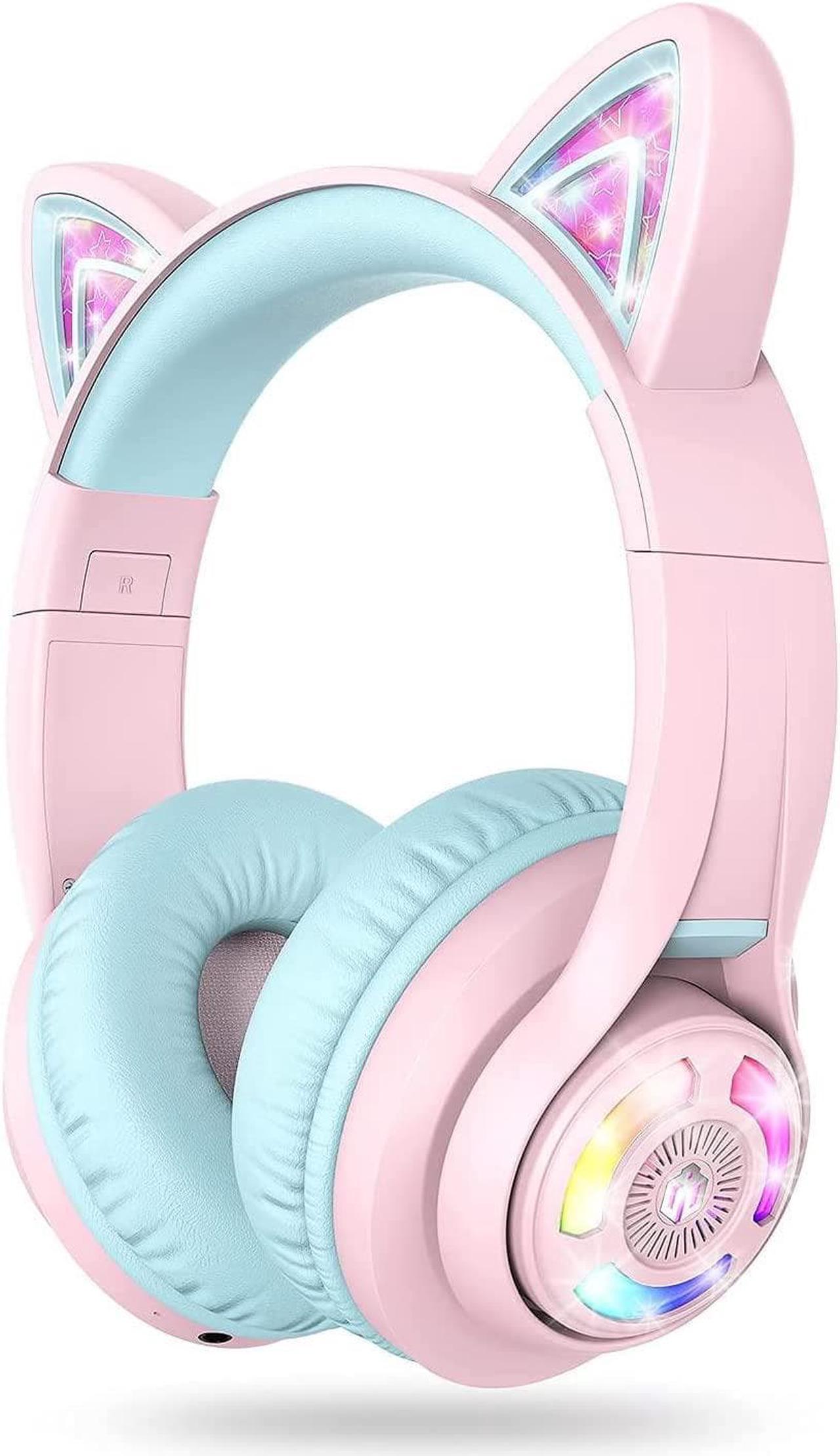 iClever Cat Ear Bluetooth Headphones RGB LED Light Up Over Ear with Microphone, 74/85/94dB Volume Limiting Comfort Foldable Wireless Headset for PC/Tablet/TV Kids Girls & Boys Teens, BTH13 Pink