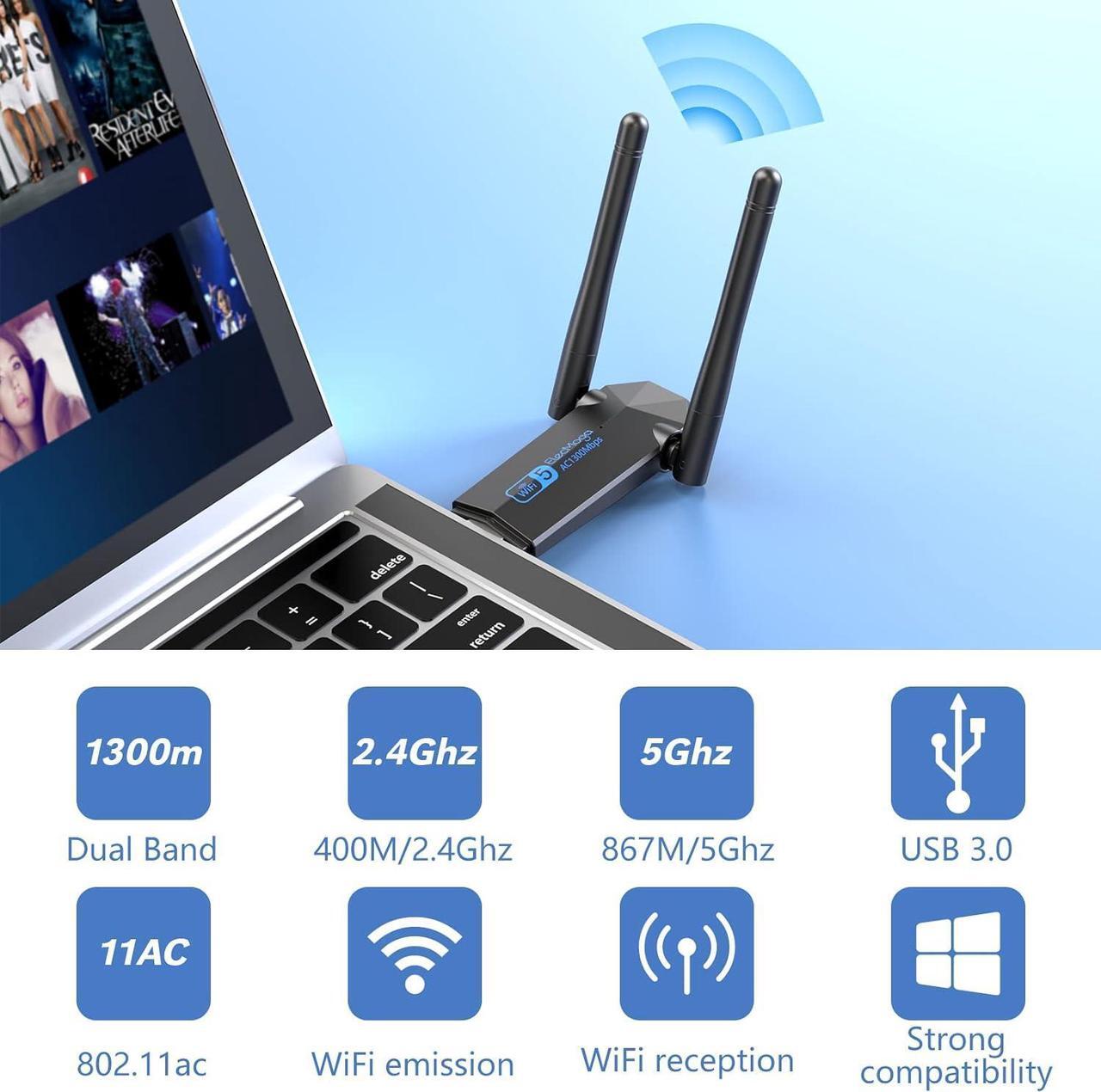 Alt view image 2 of 7 - USB WiFi Adapter, ElecMoga 1300Mbps WiFi Dongle USB 3.0 Dual Band 5G/2.4G Wireless Network Adapter for Desktop Laptop PC, Dual 5dBi Antennas, Supports Windows 11/10/8.1/8/7, Mac OS 10.9-10.15