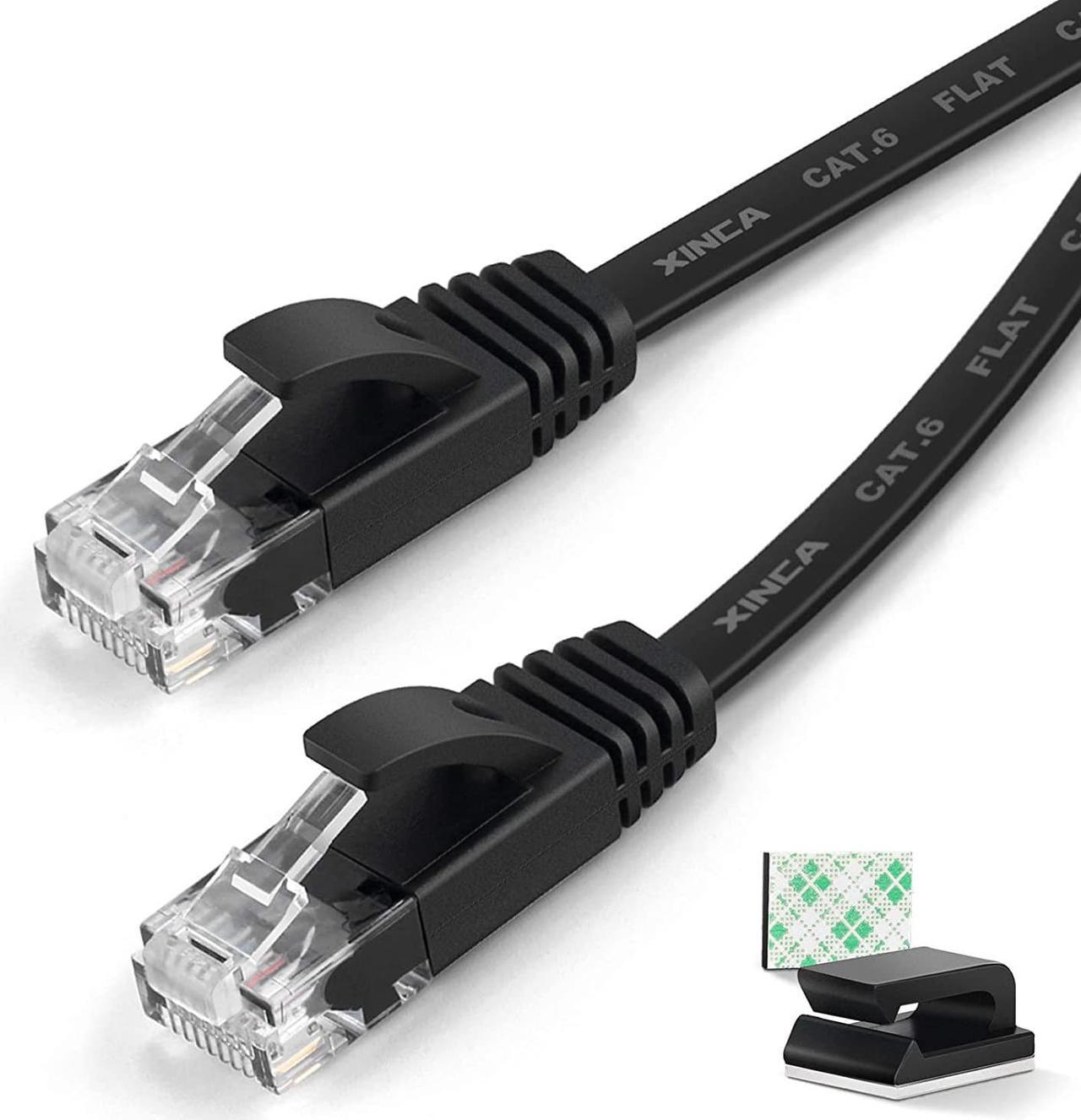 Cat6 Ethernet Cable 50 ft Black Gigabit Flat Network LAN Cable with 25 pcs Cable Clips Snagless Rj45 Connectors for Computer/Modem/Router/X-Box Faster Than Cat5e/Cat5 - XINCA