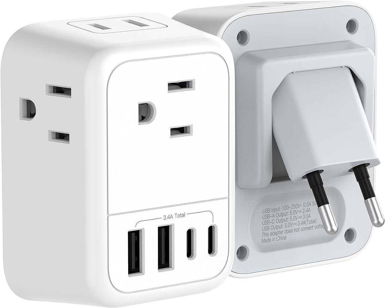 Travel Plug Adapter with 4 AC Outlets and 4 USB Ports - European and International Power Adapter, Type C Plug Adapter Travel Essentials to Most Europe EU Spain Italy France Germany