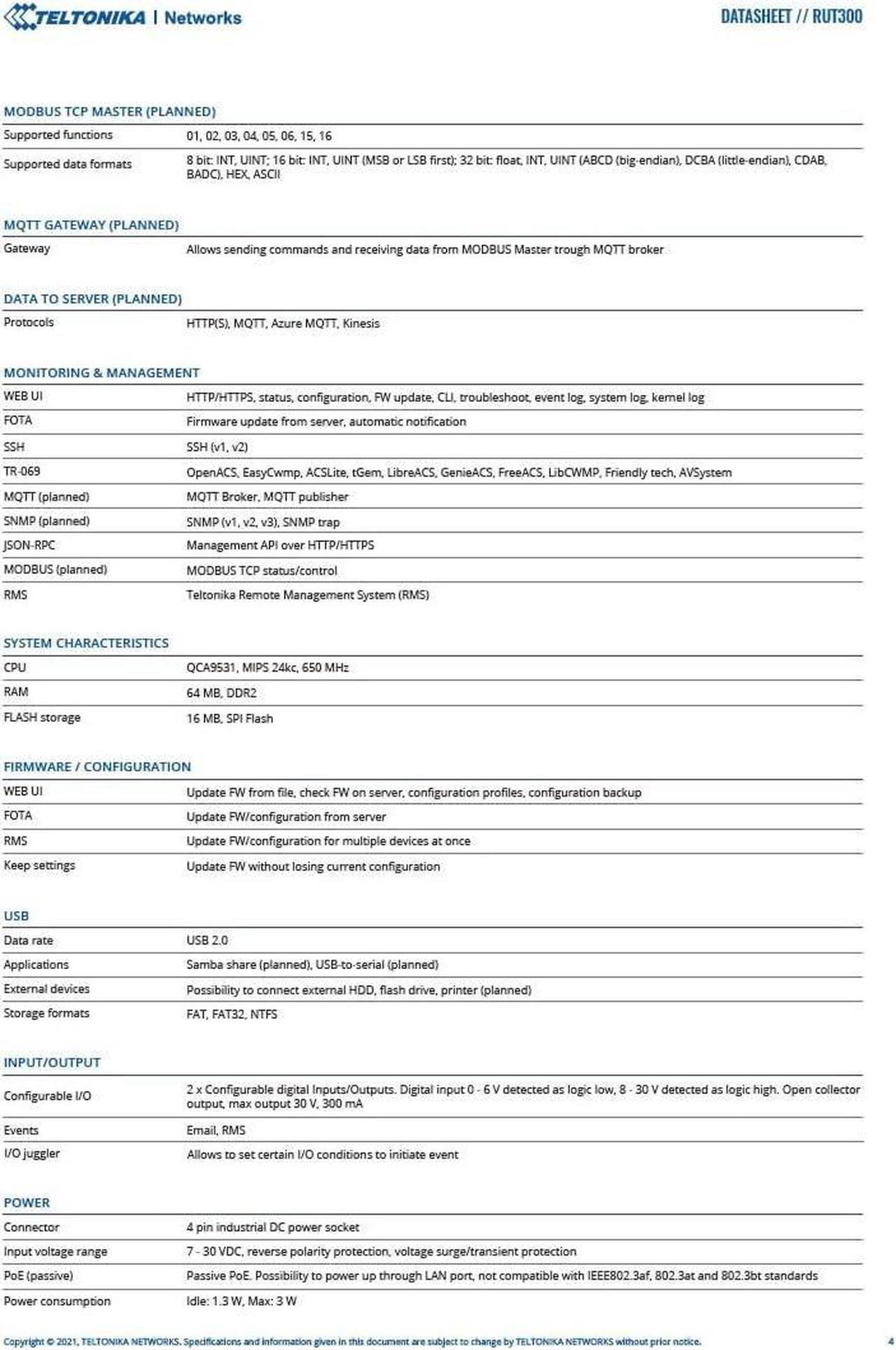 Alt view image 3 of 4 - Teltonika RUT300000100 - RUT300 Industrial Ethernet Router, US Power Supply, 5 RJ45, USB - with DC Power Cable