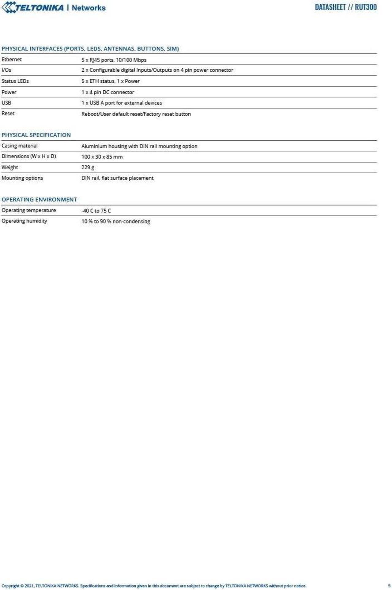 Alt view image 4 of 4 - Teltonika RUT300000100 - RUT300 Industrial Ethernet Router, US Power Supply, 5 RJ45, USB - with DC Power Cable