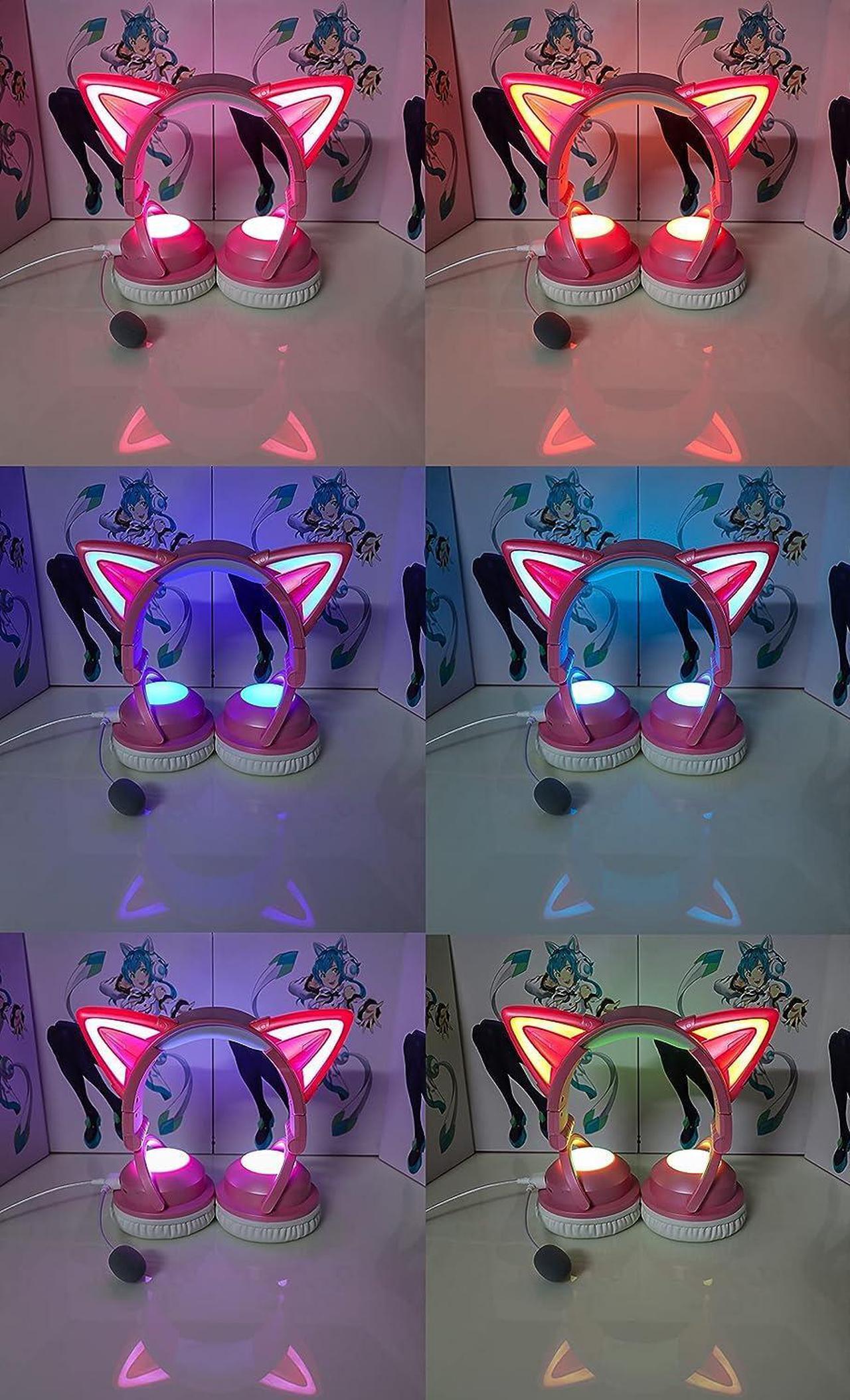 Alt view image 3 of 7 - kuayang Wireless Cat Ear Headphones (7 Color Changing) with & 3.5mm Jack, Gaming Pro, Bluetooth&Wired Connection (Pink)