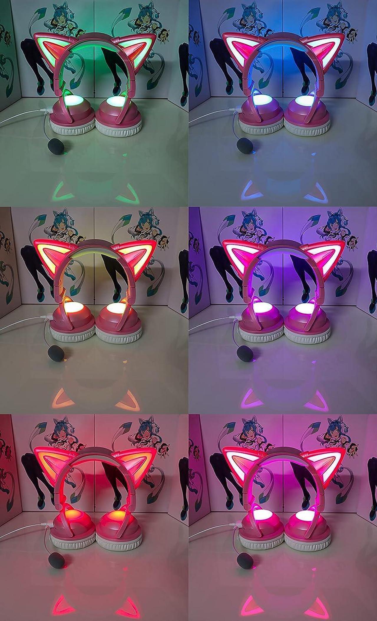 Alt view image 2 of 7 - kuayang Wireless Cat Ear Headphones (7 Color Changing) with & 3.5mm Jack, Gaming Pro, Bluetooth&Wired Connection (Pink)