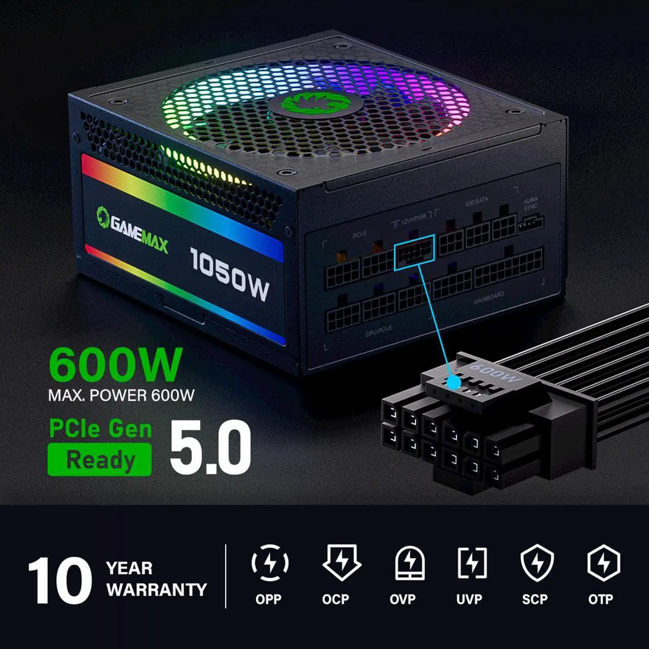 Alt view image 3 of 6 - GAMEMAX 1050W ATX 3.0 & PCIE 5.0 Power Supply, 80+ Gold Certified, Addressable RGB with 5V Motherboard Sync, Fully Modular ATX Gaming Power Supply, 10 Year Warranty, RGB-1050
