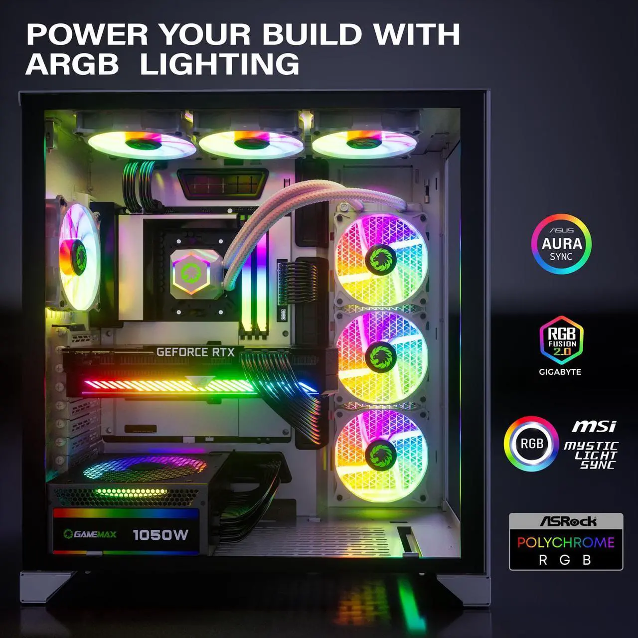 Alt view image 4 of 6 - GAMEMAX 1050W ATX 3.0 & PCIE 5.0 Power Supply, 80+ Gold Certified, Addressable RGB with 5V Motherboard Sync, Fully Modular ATX Gaming Power Supply, 10 Year Warranty, RGB-1050